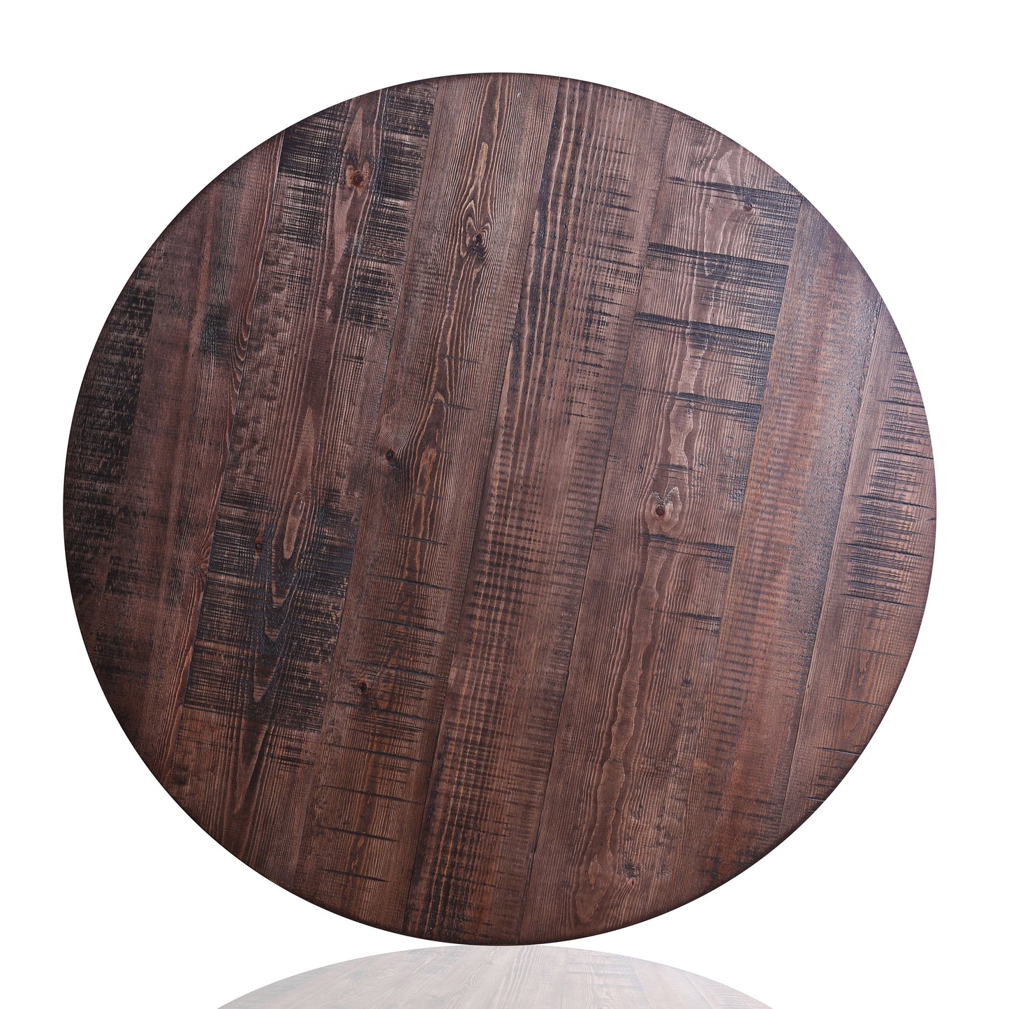 Front-facing tabletop only view of a rustic industrial weathered gray and rustic dark oak counter height round dining table on a white background