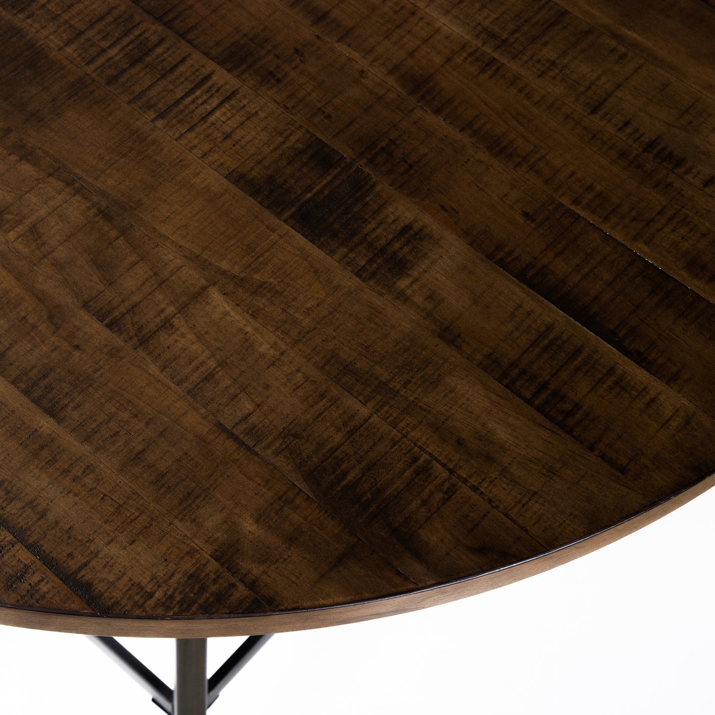 Front-facing bird's eye close-up tabletop view of a rustic industrial weathered gray and rustic dark oak counter height round dining table on a white background