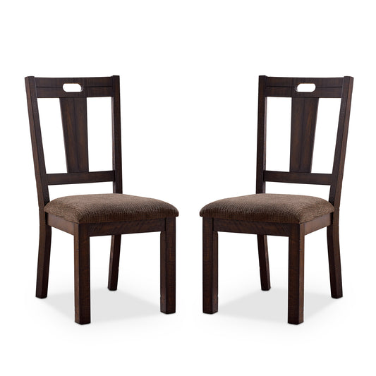 Angled set of two transitional/rustic walnut and ash brown splat back dining chairs on a white background