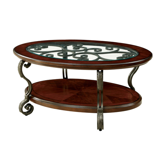 Angled traditional brown cherry and glass oval coffee table with a lower shelf on a white background