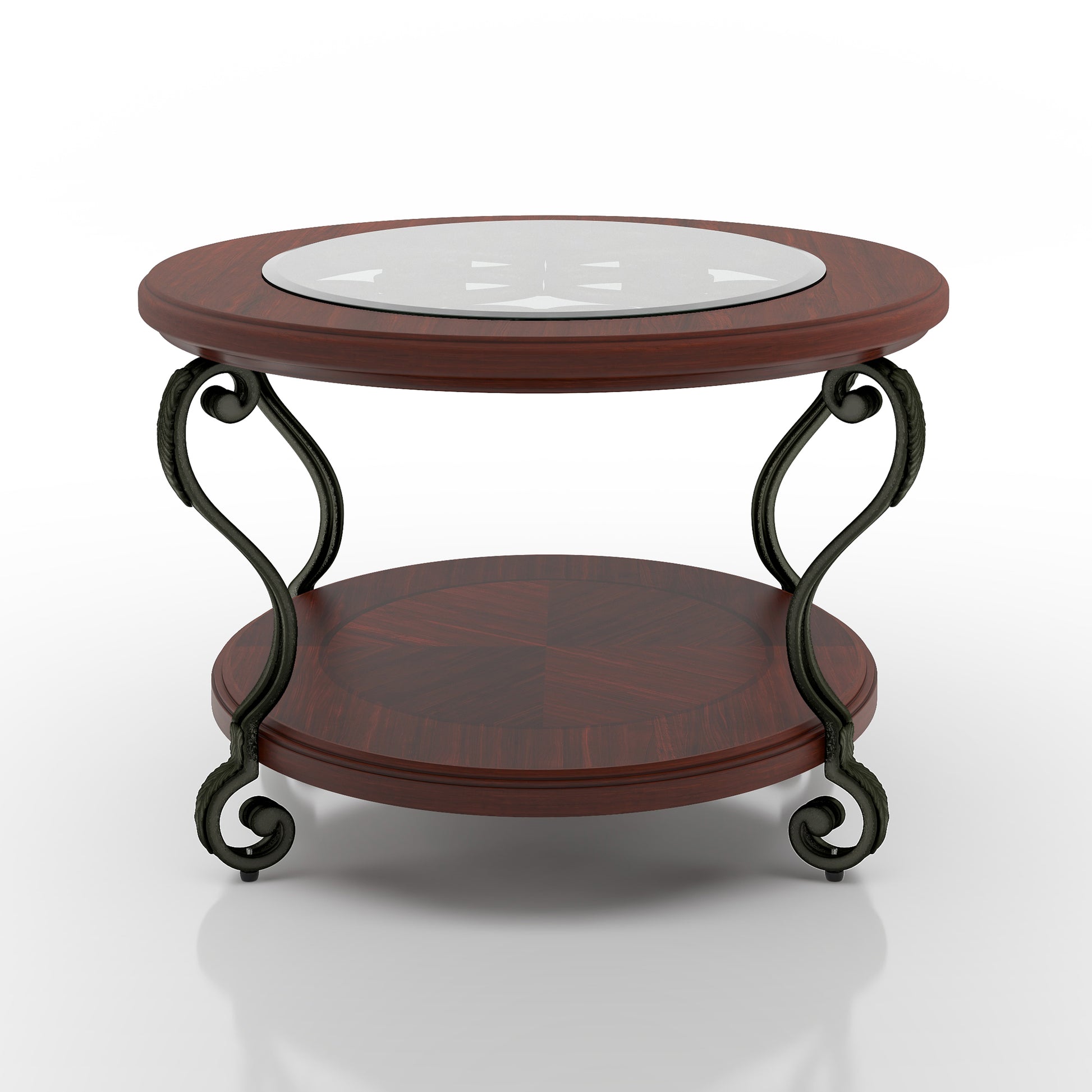 Front-facing traditional brown cherry and glass oval coffee table with a lower shelf on a white background
