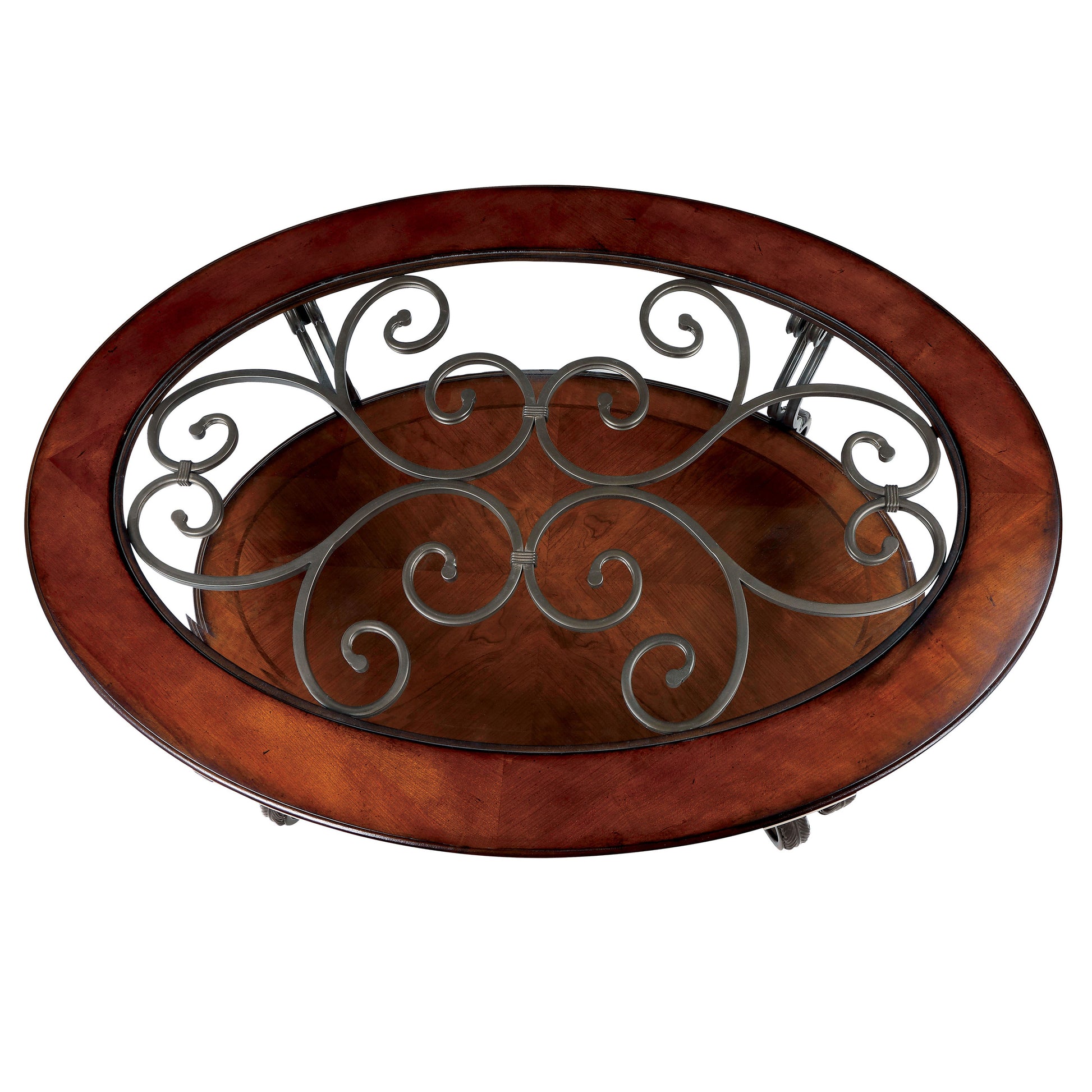 Angled bird's eye tabletop view of a traditional brown cherry and glass oval coffee table with a lower shelf on a white background