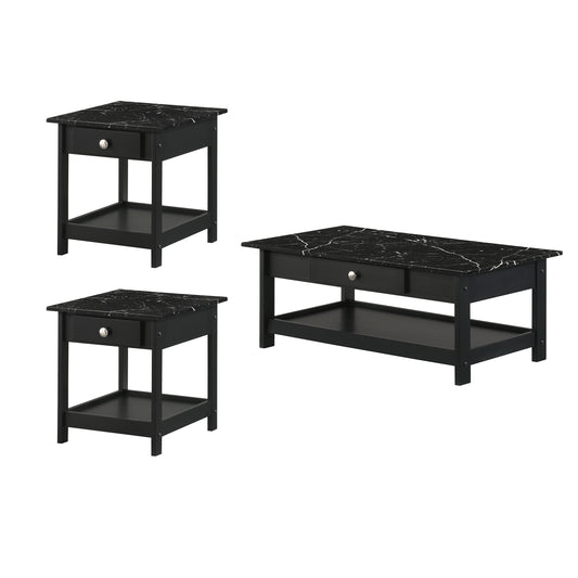 Left angled three-piece modern black and faux marble coffee table set with lower shelves on a white background