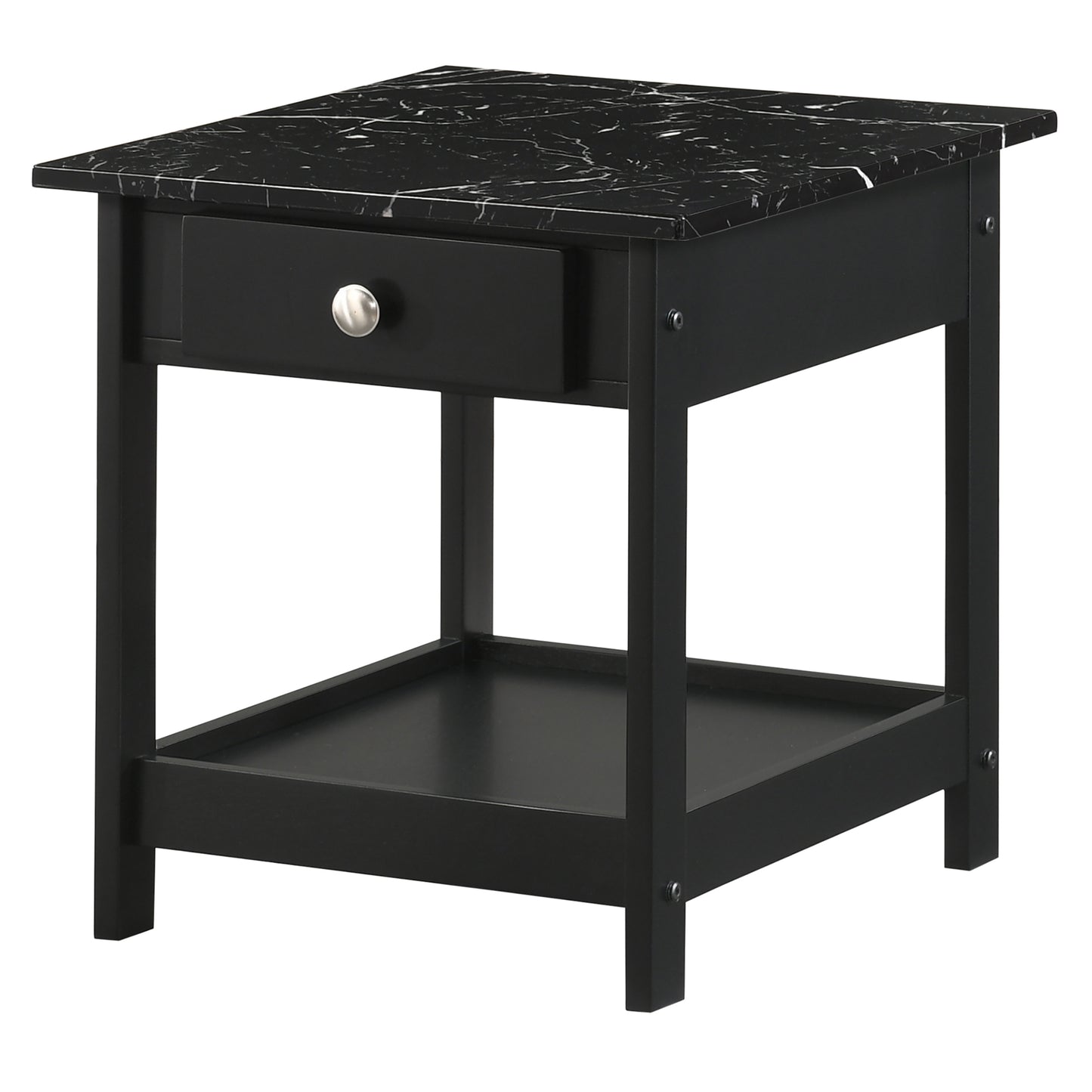 Left angled side table only from a three-piece modern black and faux marble coffee table set with lower shelves on a white background