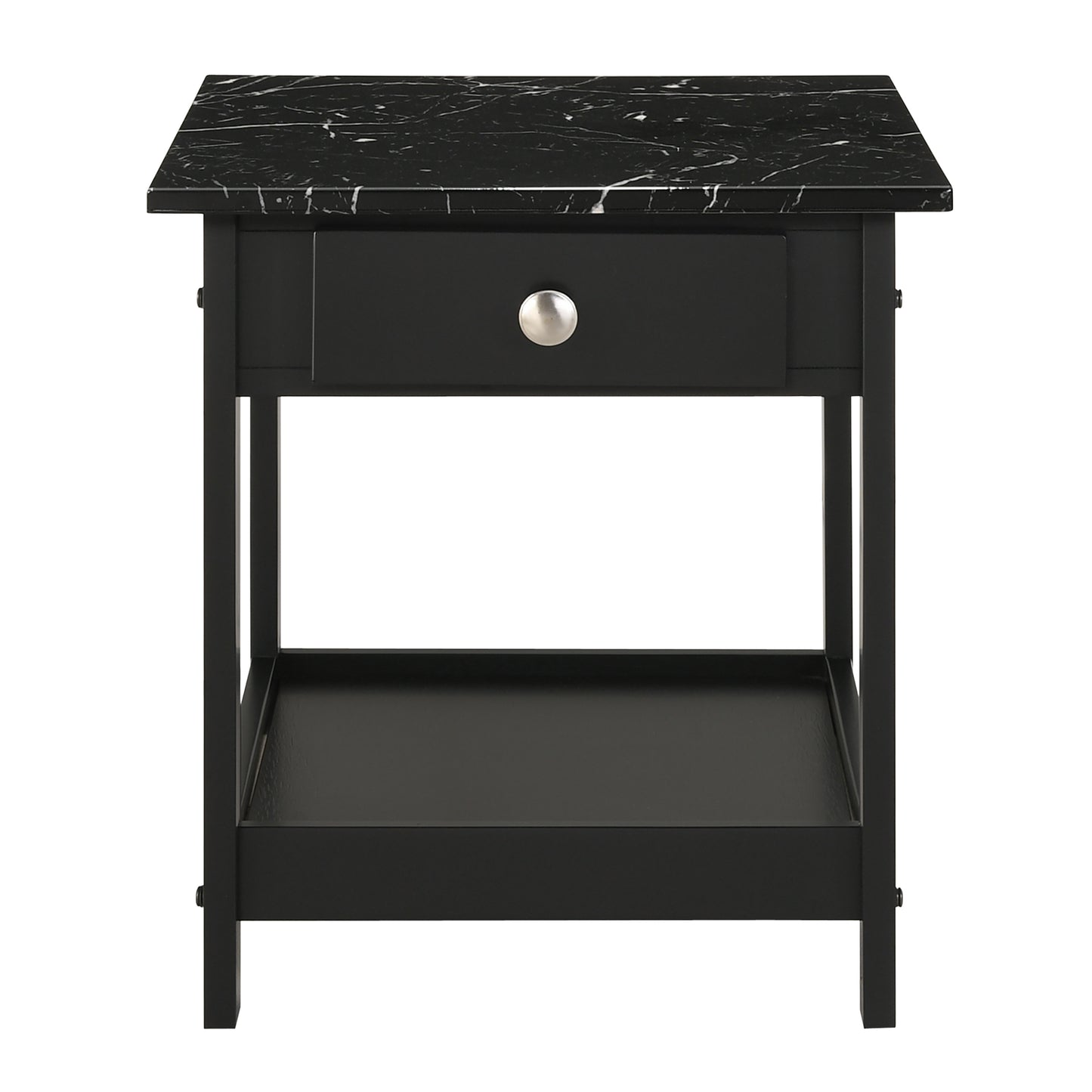 Front-facing side table only from a three-piece modern black and faux marble coffee table set with lower shelves on a white background