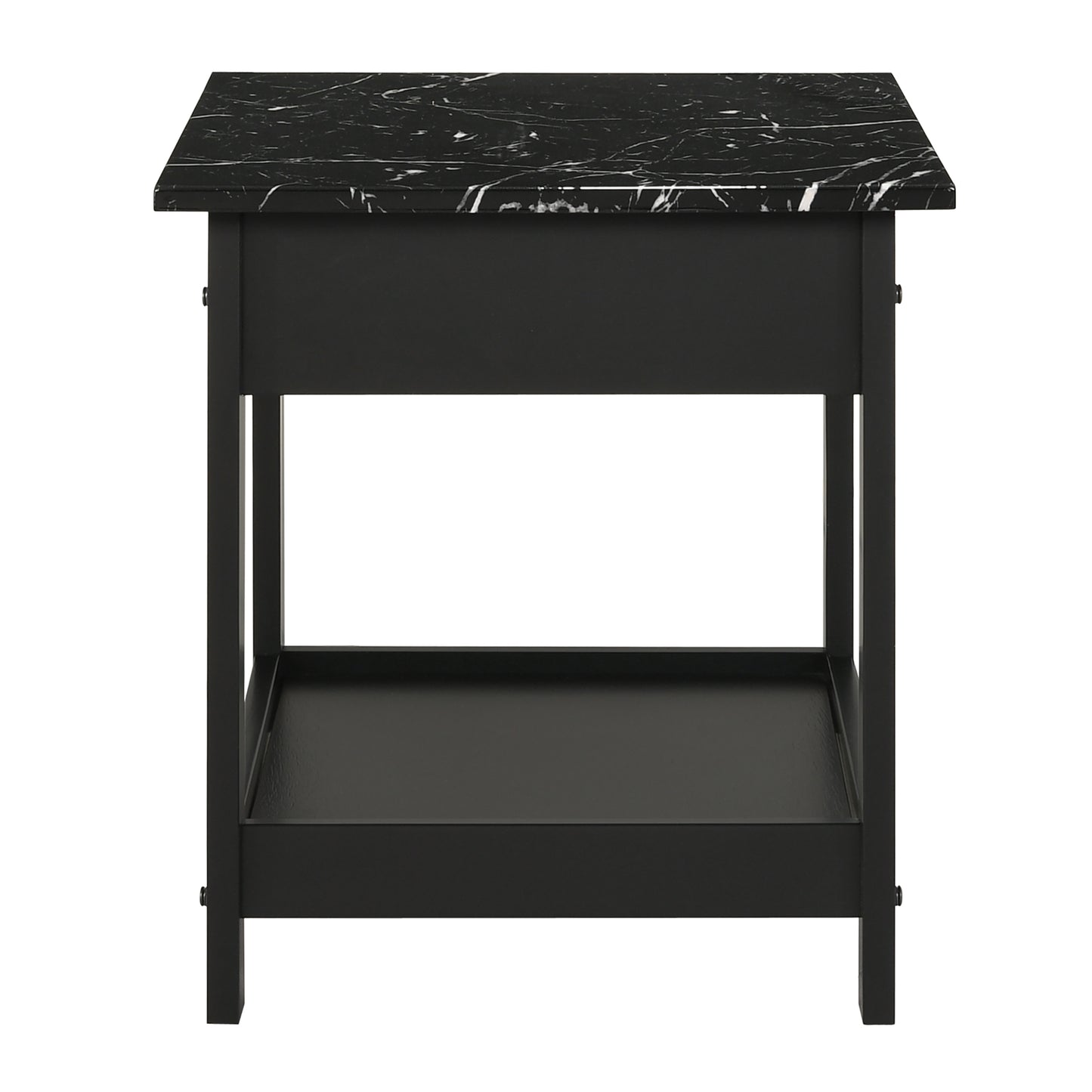 Front-facing side table only back view from a three-piece modern black and faux marble coffee table set with lower shelves on a white background