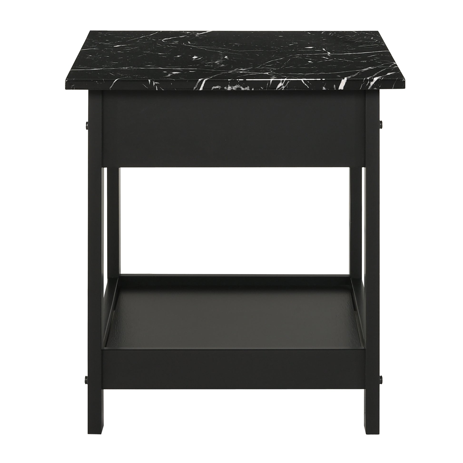 Front-facing side table only back view from a three-piece modern black and faux marble coffee table set with lower shelves on a white background