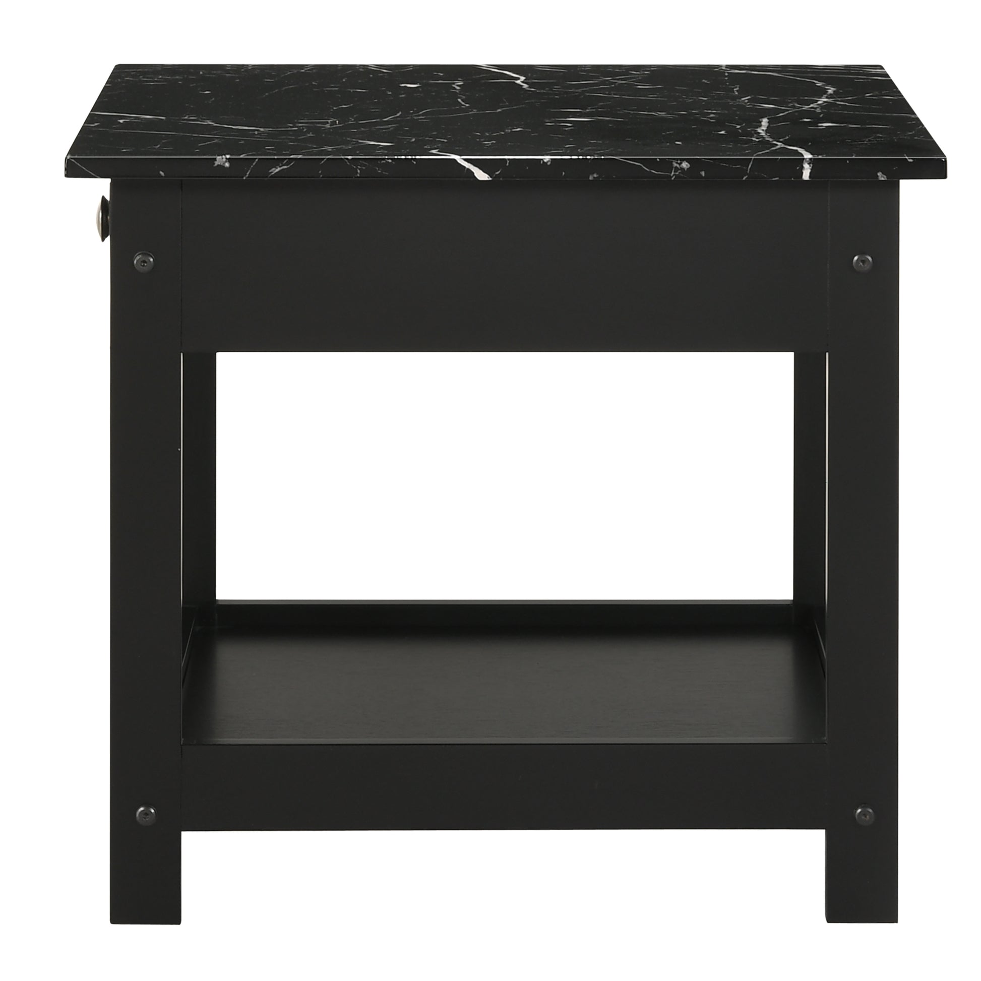 Front-facing side table only side view from a three-piece modern black and faux marble coffee table set with lower shelves on a white background