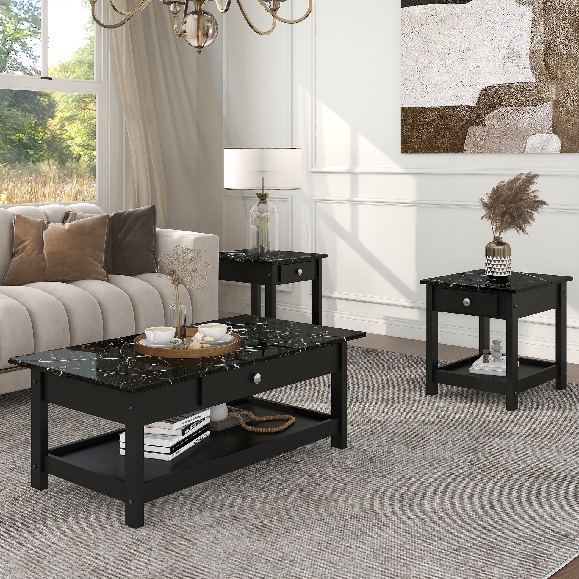 Right angled three-piece modern black and faux marble coffee table set with lower shelves in a living area with accessories
