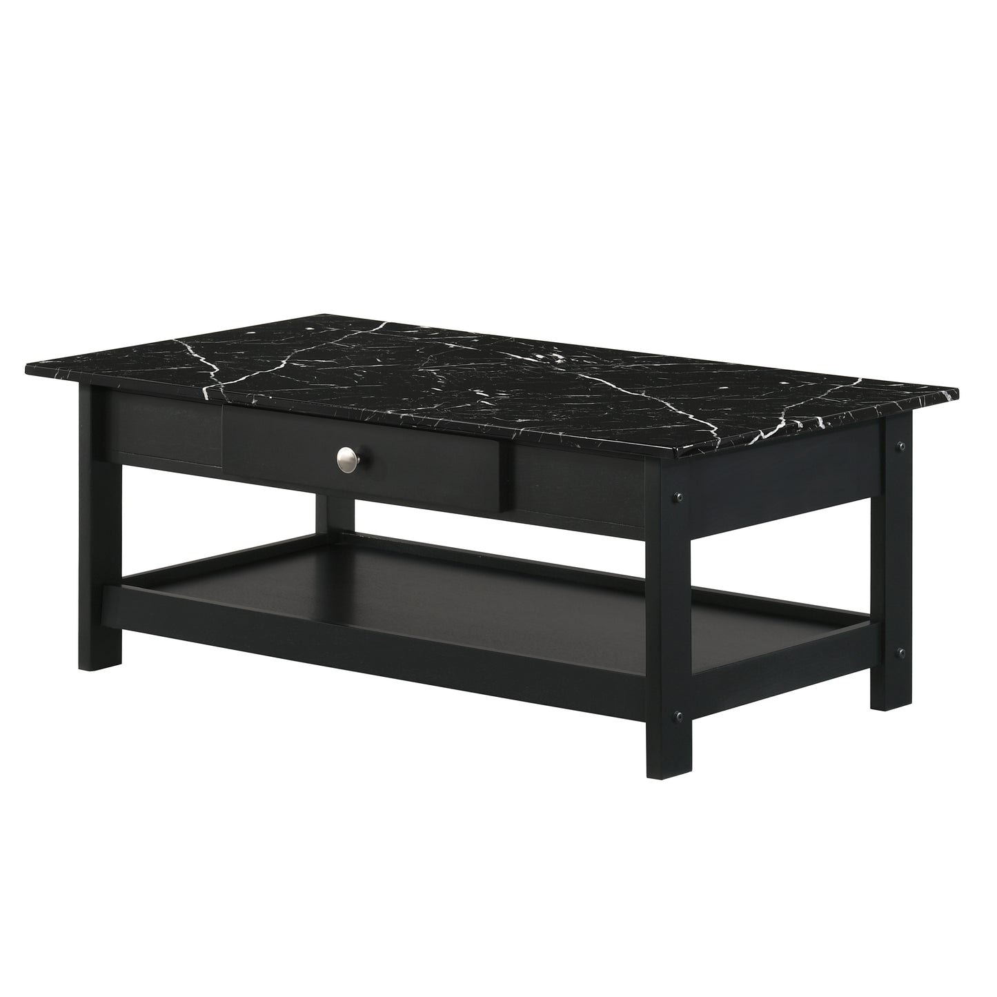 Left angled coffee table only from a three-piece modern black and faux marble coffee table set with lower shelves on a white background