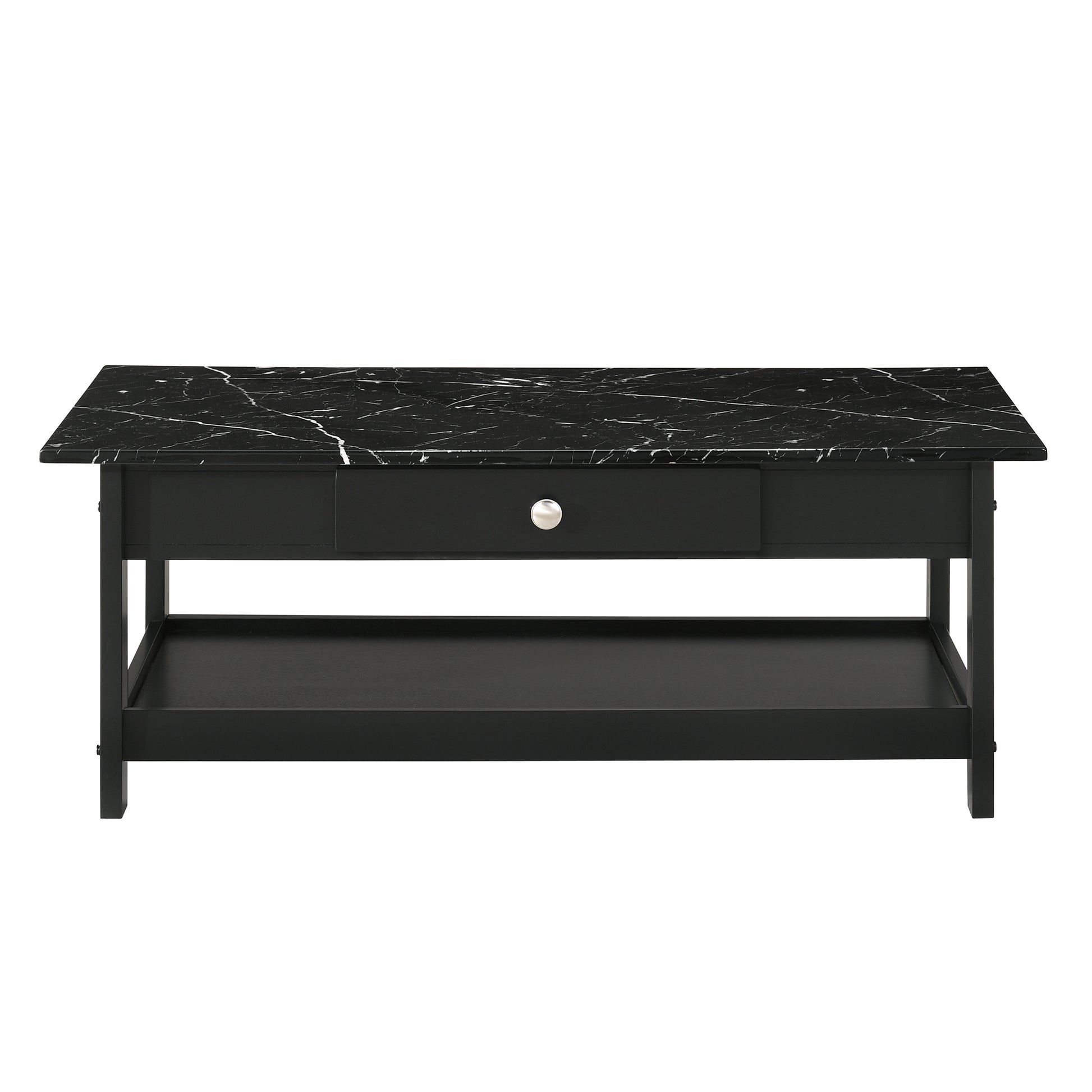 Front-facing coffee table only from a three-piece modern black and faux marble coffee table set with lower shelves on a white background