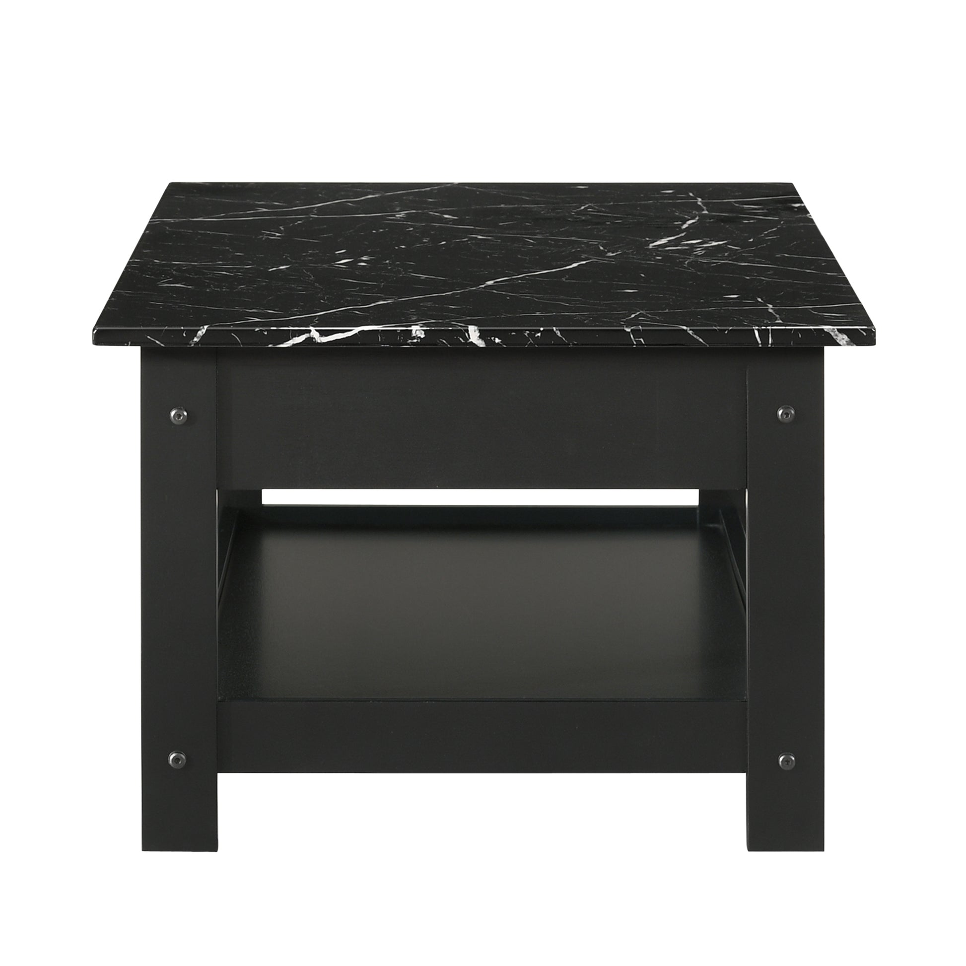 Front-facing coffee table only side view from a three-piece modern black and faux marble coffee table set with lower shelves on a white background