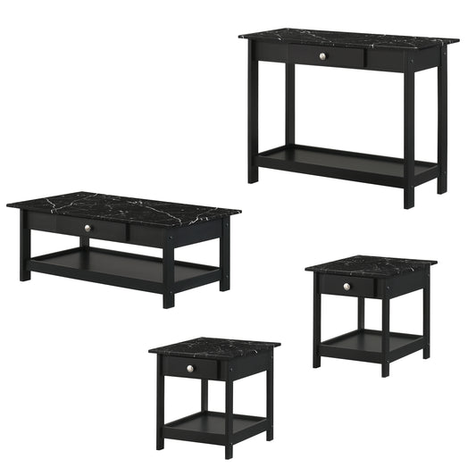 Left angled four-piece modern black and faux marble coffee table set with lower shelves on a white background