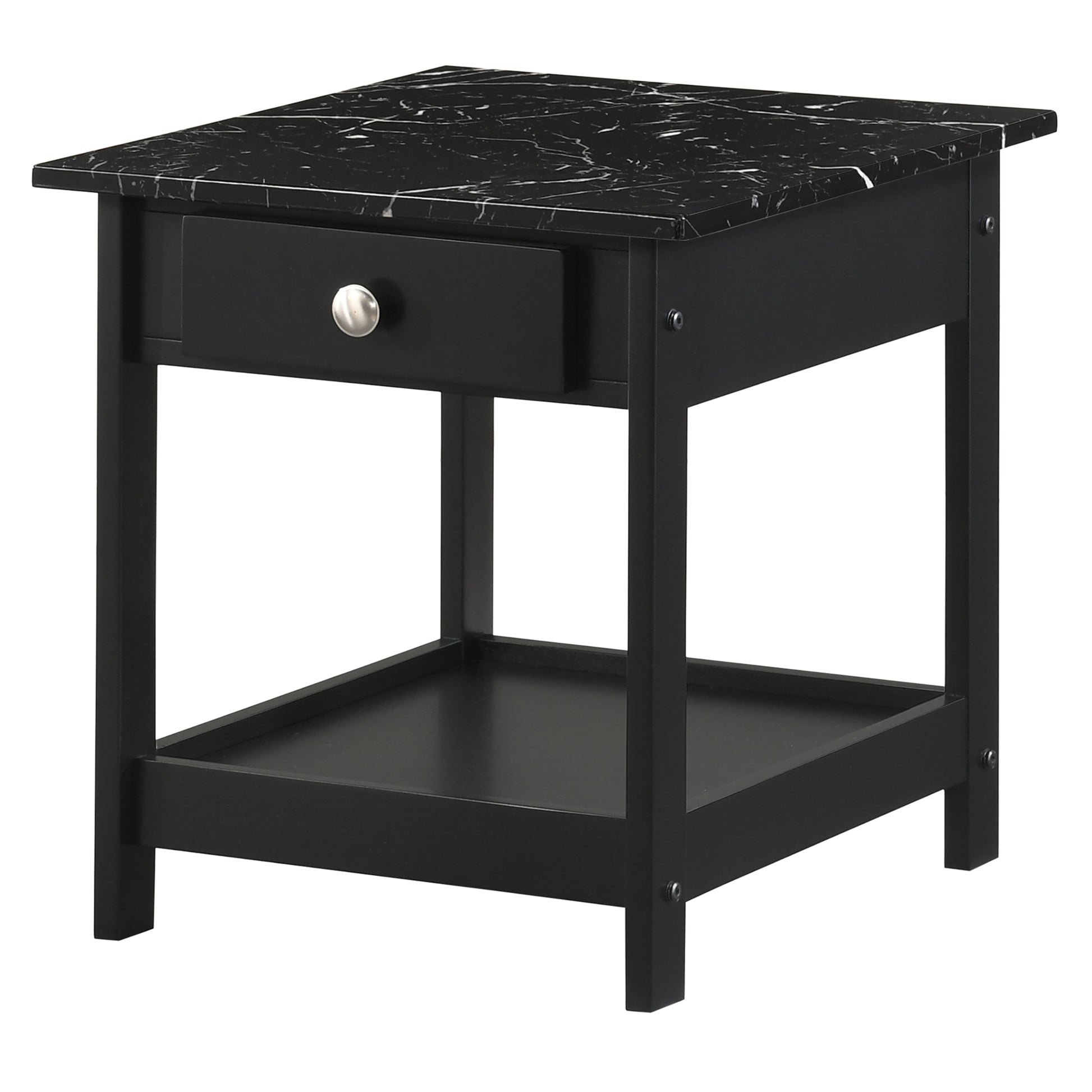 Left angled side table only from a four-piece modern black and faux marble coffee table set with lower shelves on a white background