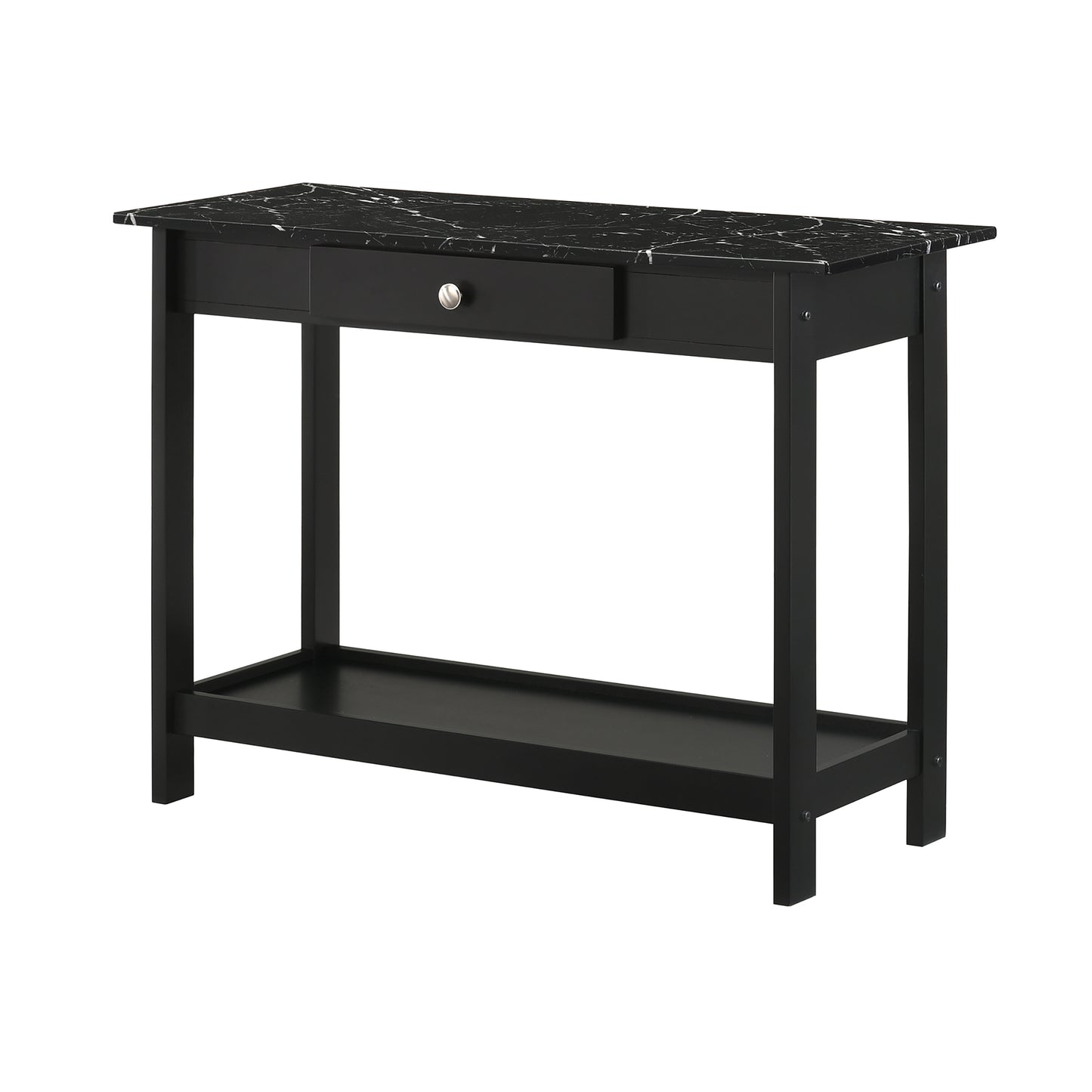 Left angled console table only from a four-piece modern black and faux marble coffee table set with lower shelves on a white background