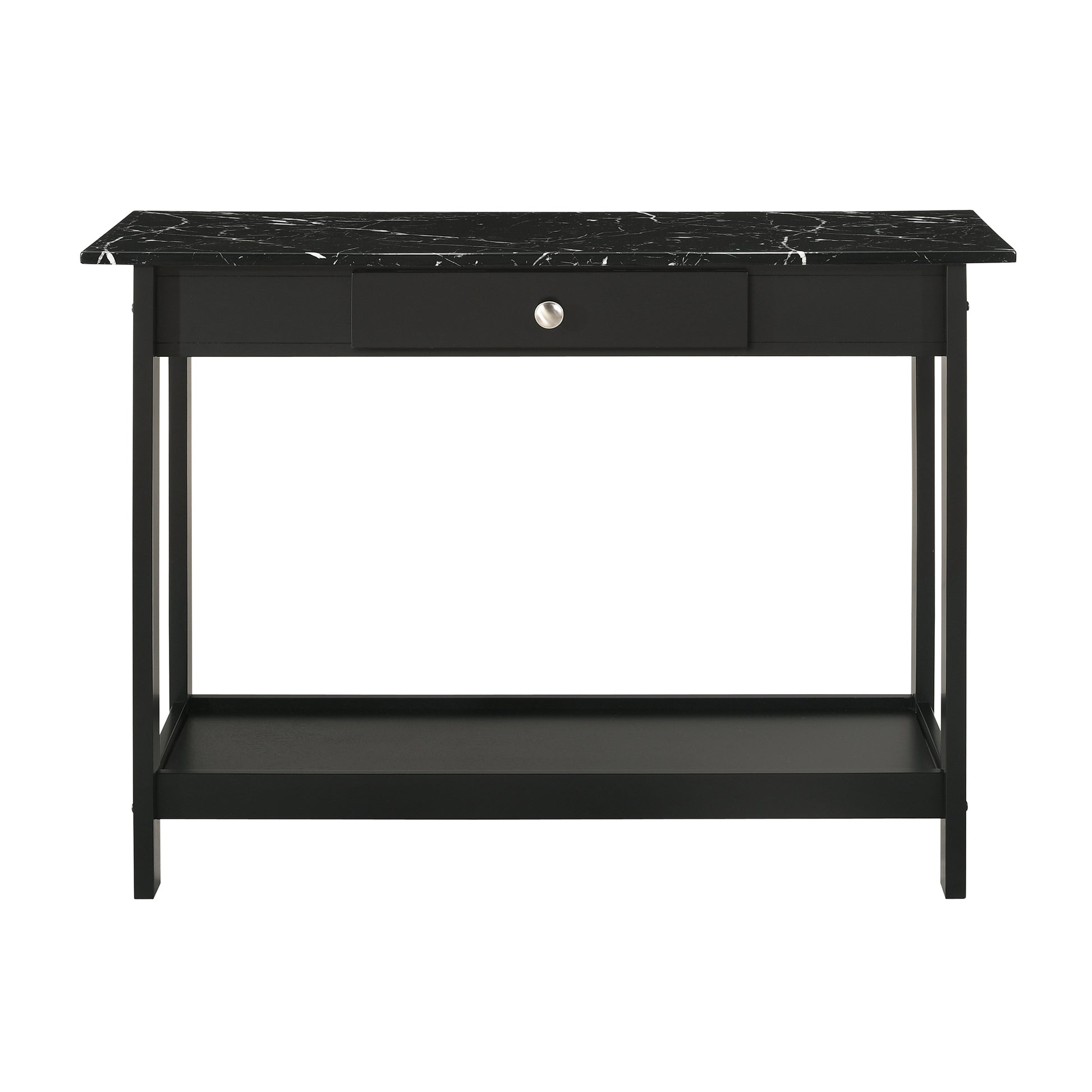 Front-facing console table only from a four-piece modern black and faux marble coffee table set with lower shelves on a white background