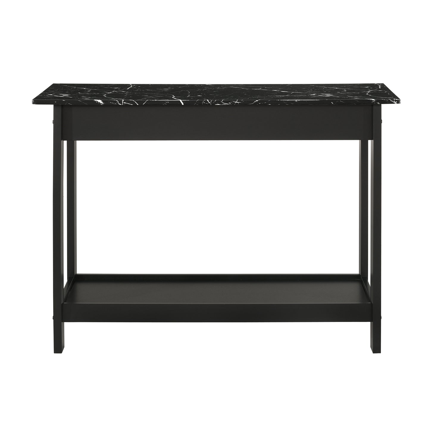 Front-facing console table only back view from a four-piece modern black and faux marble coffee table set with lower shelves on a white background