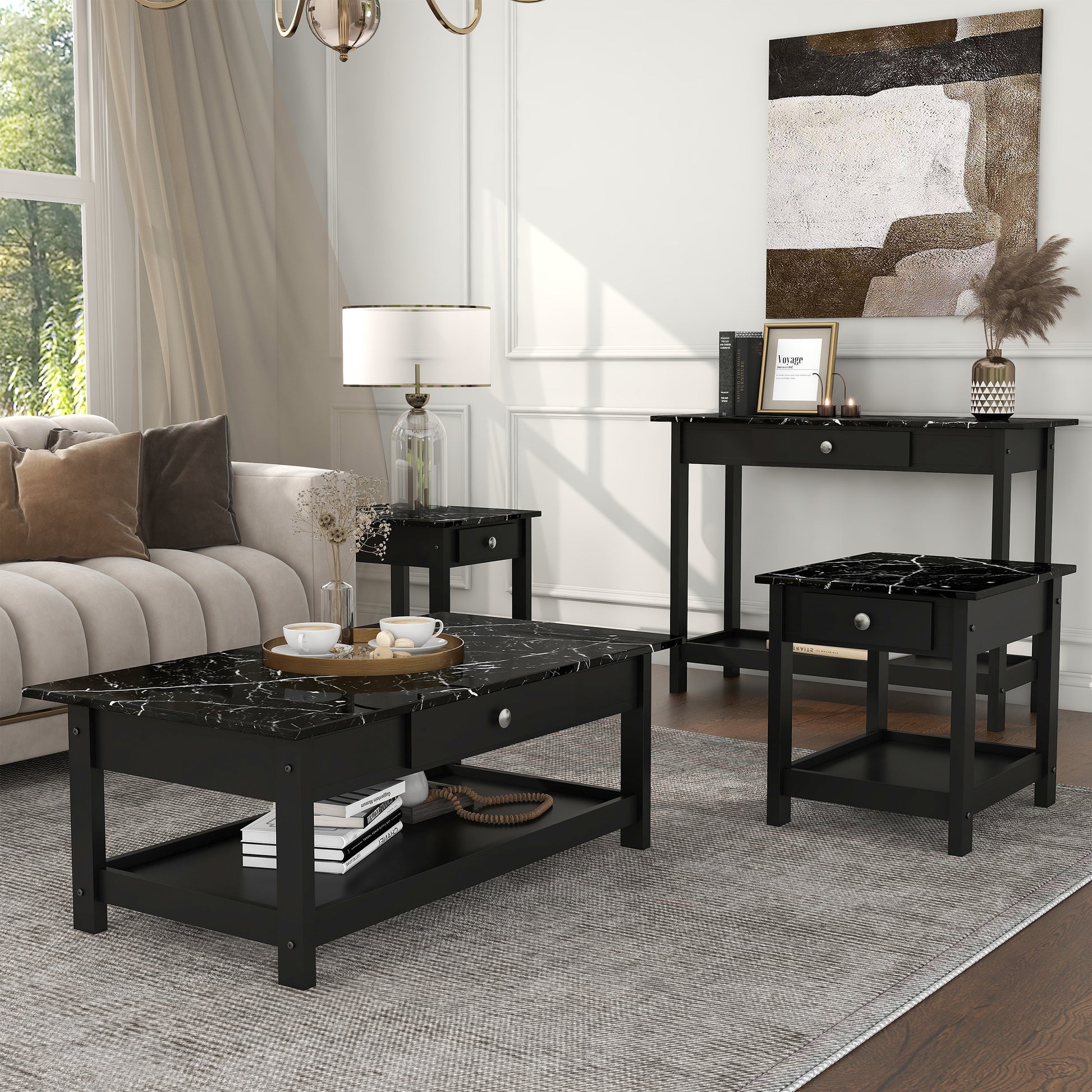 Right angled four-piece modern black and faux marble coffee table set with lower shelves in a living area with accessories