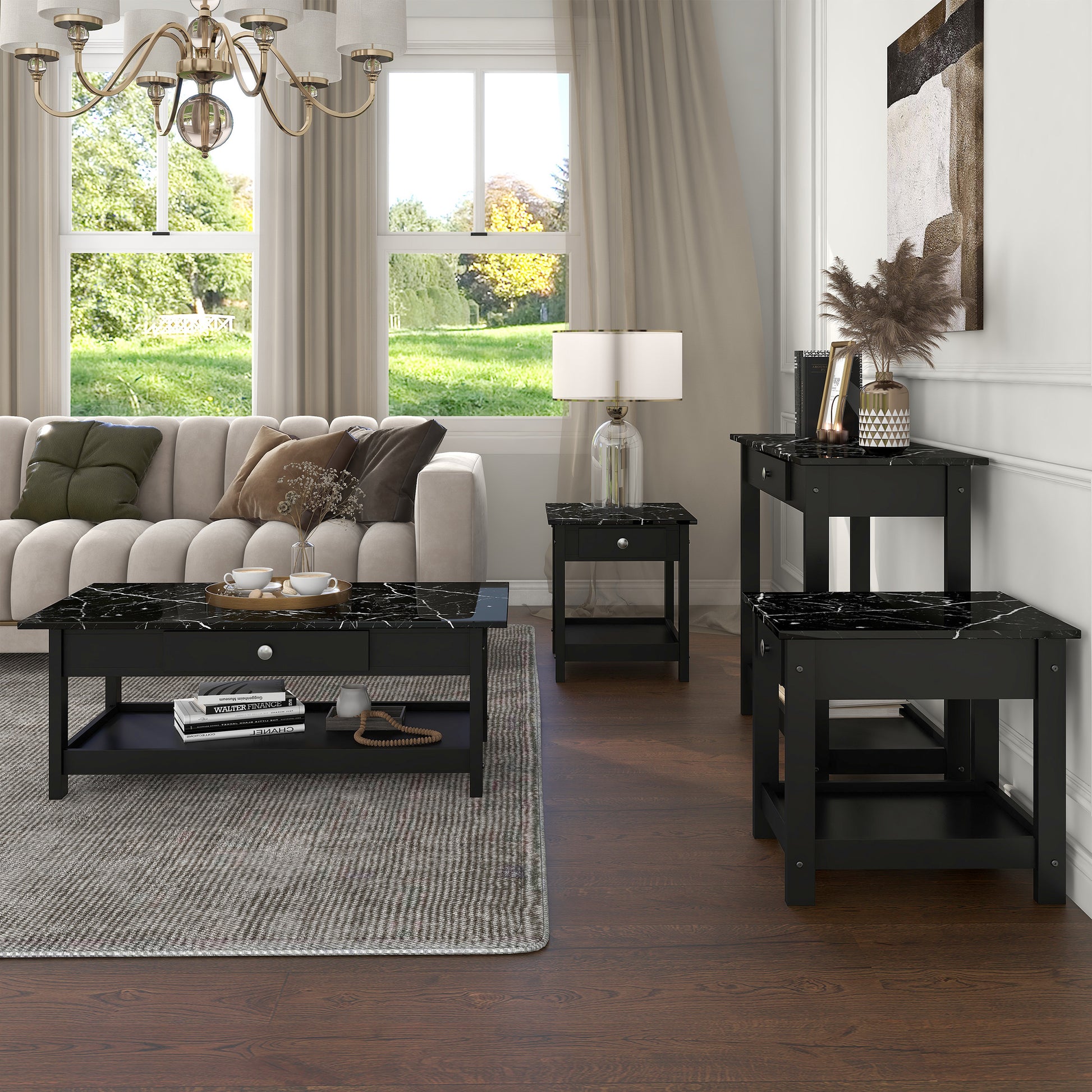 Front-facing four-piece modern black and faux marble coffee table set with lower shelves in a living area with accessories