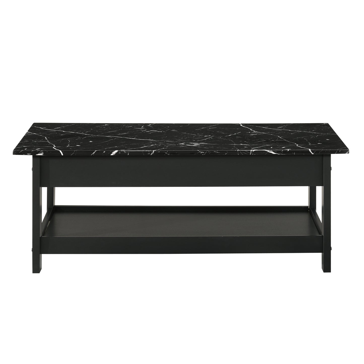 Front-facing coffee table only back view from a four-piece modern black and faux marble coffee table set with lower shelves on a white background