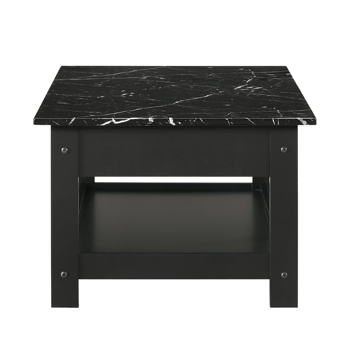 Front-facing coffee table only side view from a four-piece modern black and faux marble coffee table set with lower shelves on a white background