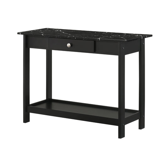 Left angled modern black and faux marble one-drawer console table with a lower shelf on a white background