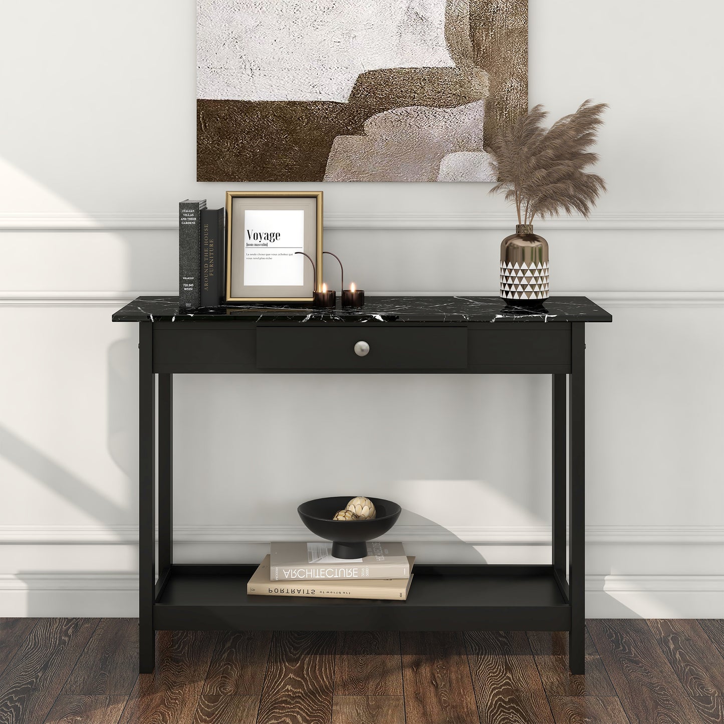 Front-facing modern black and faux marble one-drawer console table with a lower shelf on a white background