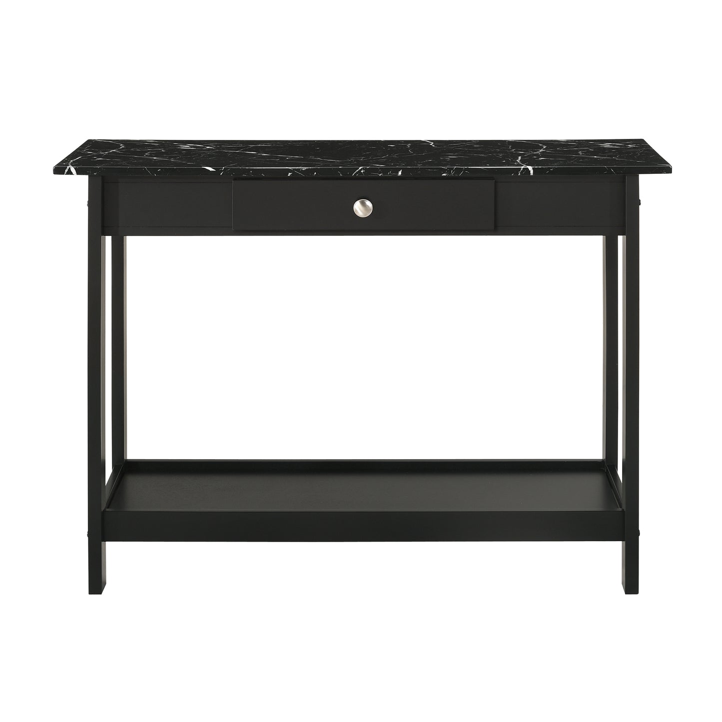 Front-facing modern black and faux marble one-drawer console table with a lower shelf in a living area with accessories