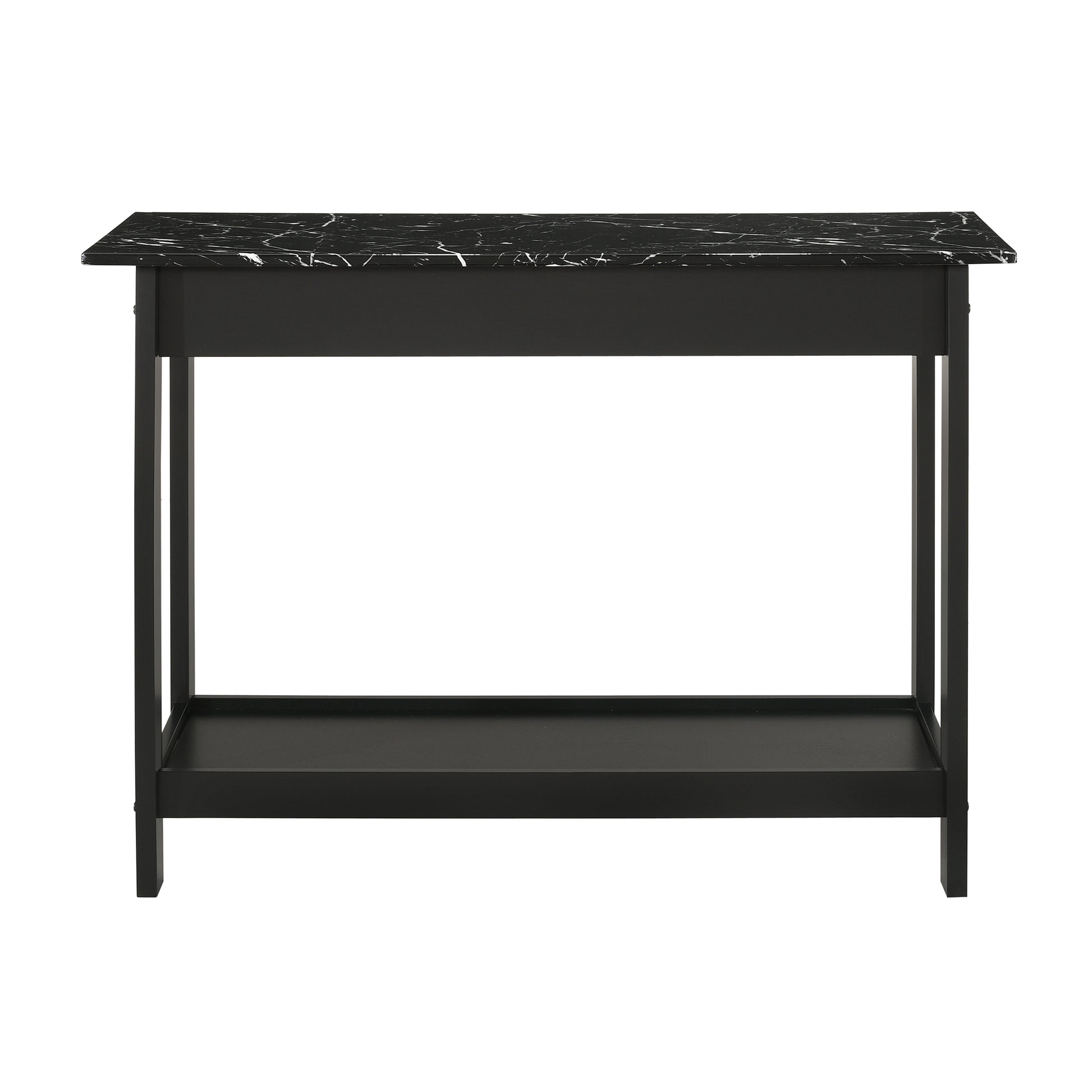 Front-facing back view of a modern black and faux marble one-drawer console table with a lower shelf in a living area with accessories