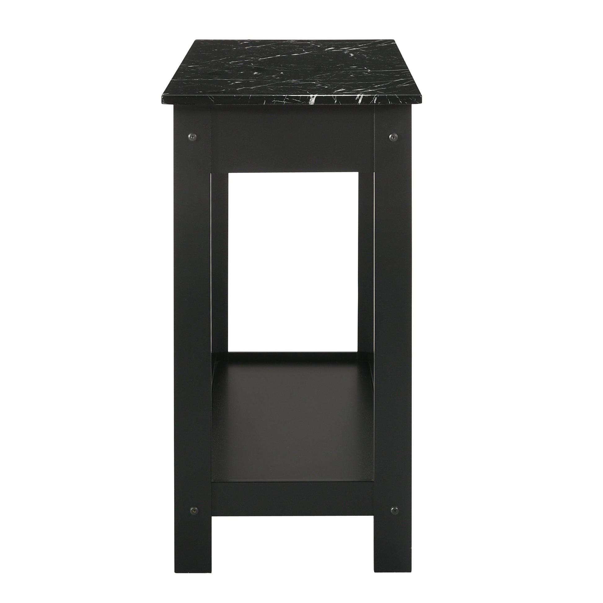 Front-facing side view of a modern black and faux marble one-drawer console table with a lower shelf in a living area with accessories