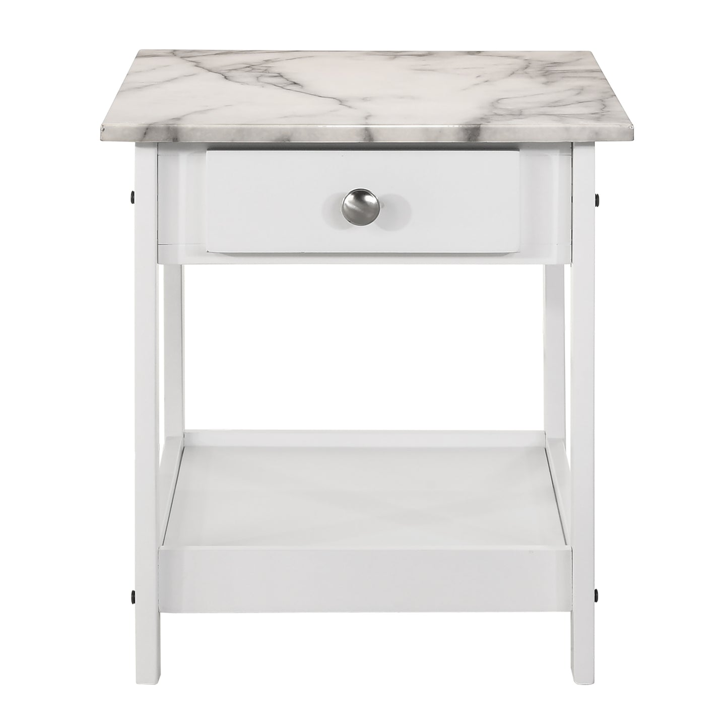 Front-facing side table only from a three-piece modern white and faux marble coffee table set with lower shelves on a white background
