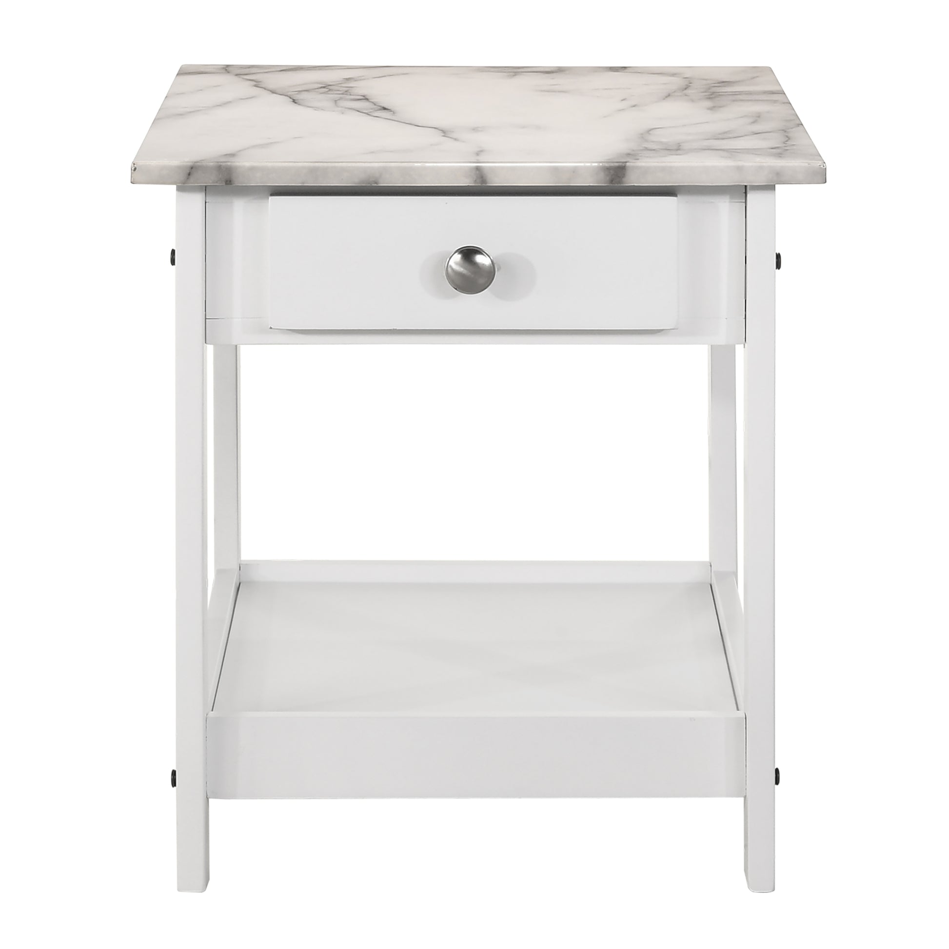 Front-facing side table only from a three-piece modern white and faux marble coffee table set with lower shelves on a white background