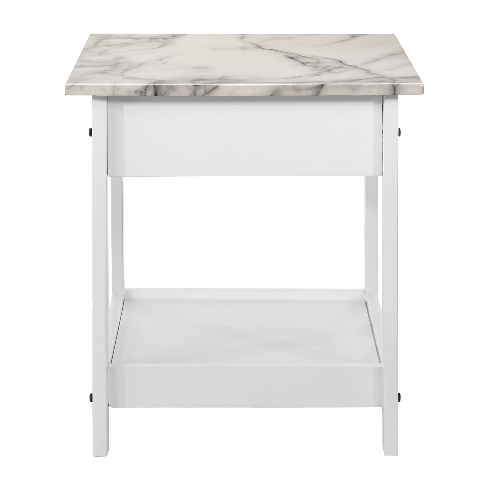 Front-facing side table only back view from a three-piece modern white and faux marble coffee table set with lower shelves on a white background