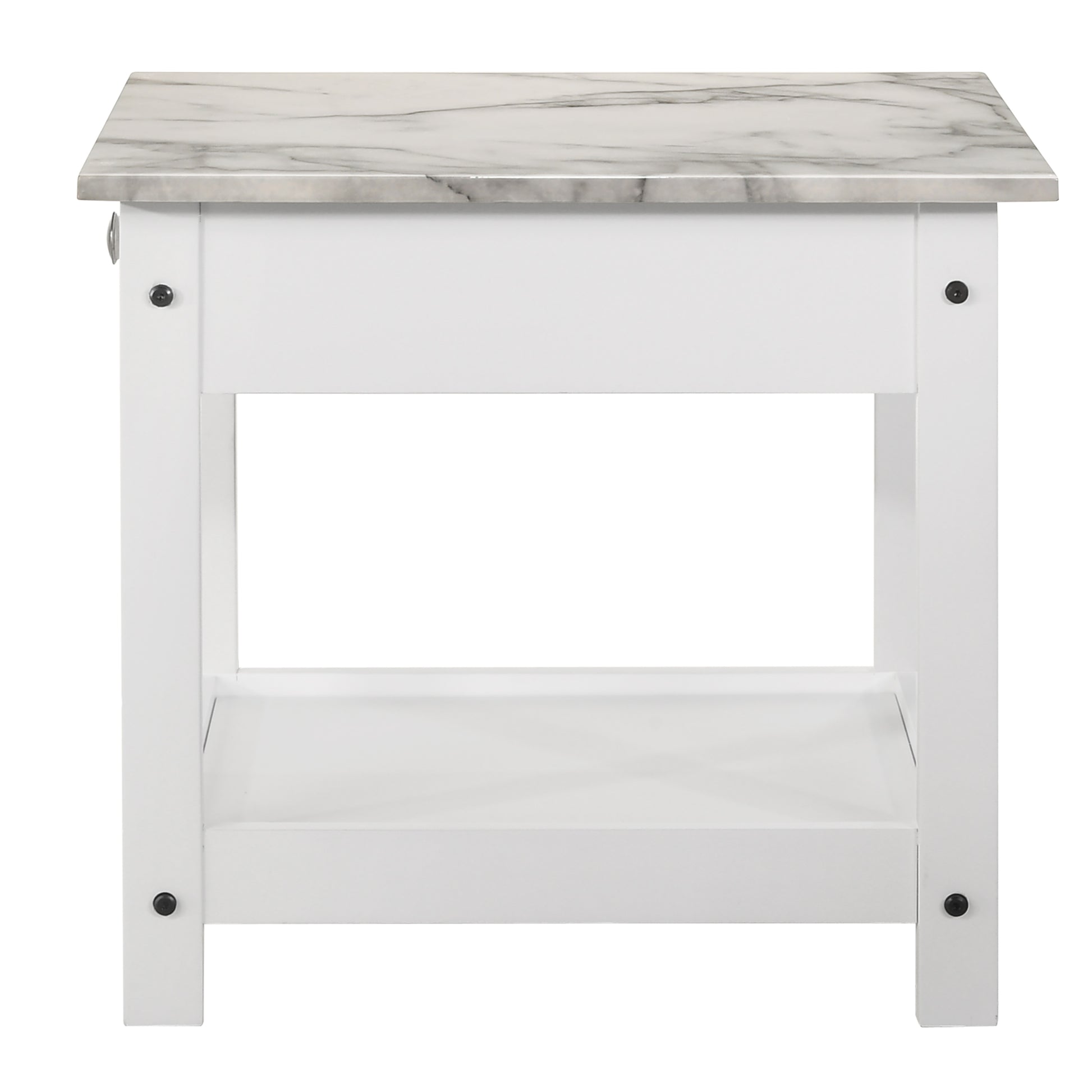 Front-facing side table only side view from a three-piece modern white and faux marble coffee table set with lower shelves on a white background