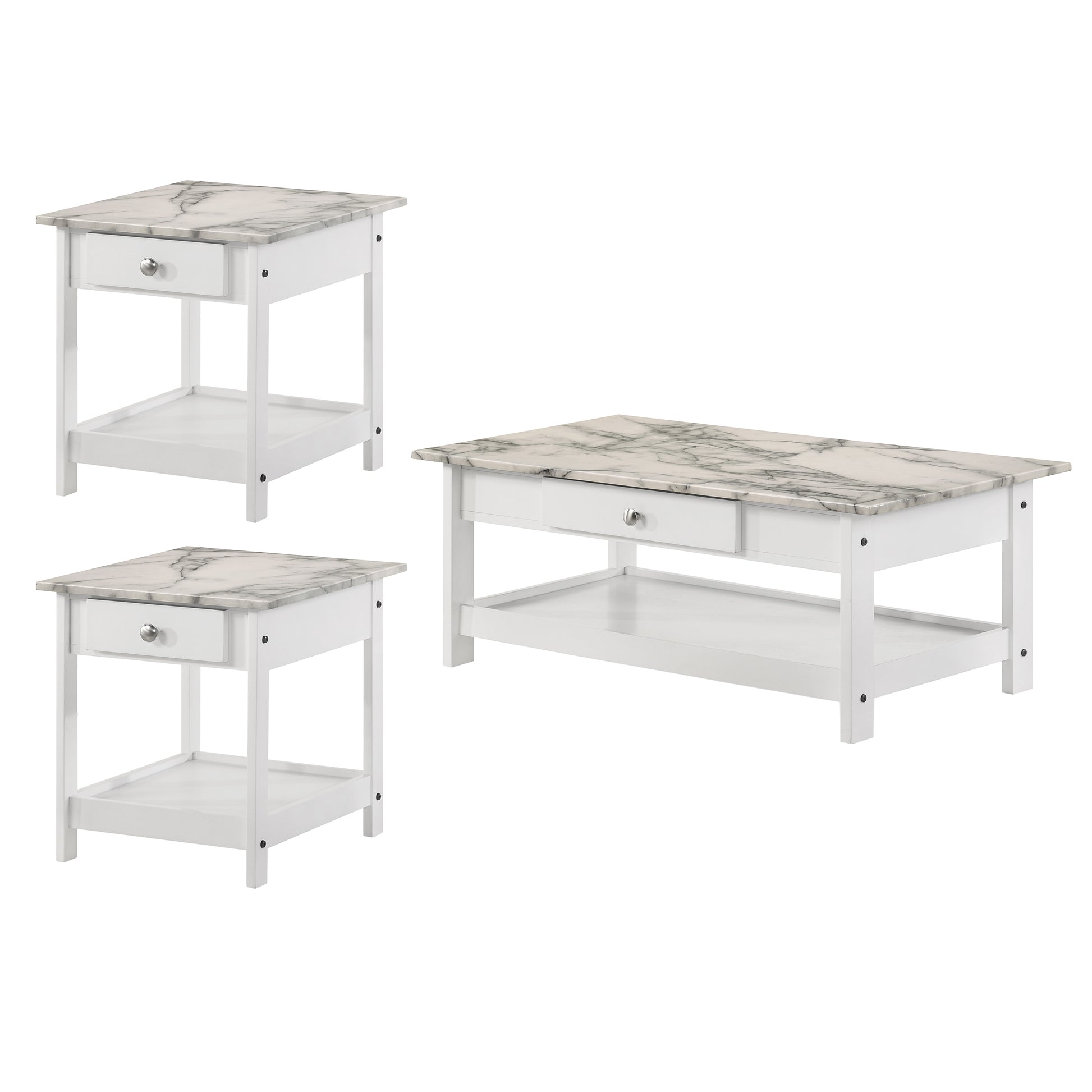 Left angled three-piece modern white and faux marble coffee table set with lower shelves on a white background