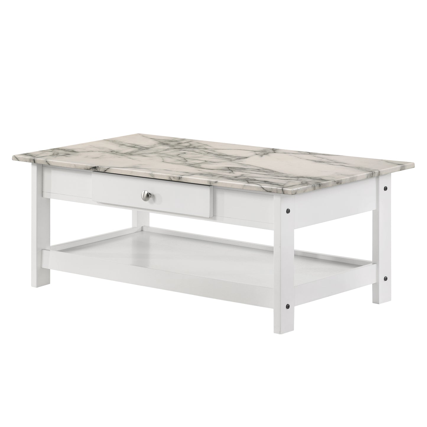 Left angled coffee table only from a three-piece modern white and faux marble coffee table set with lower shelves on a white background