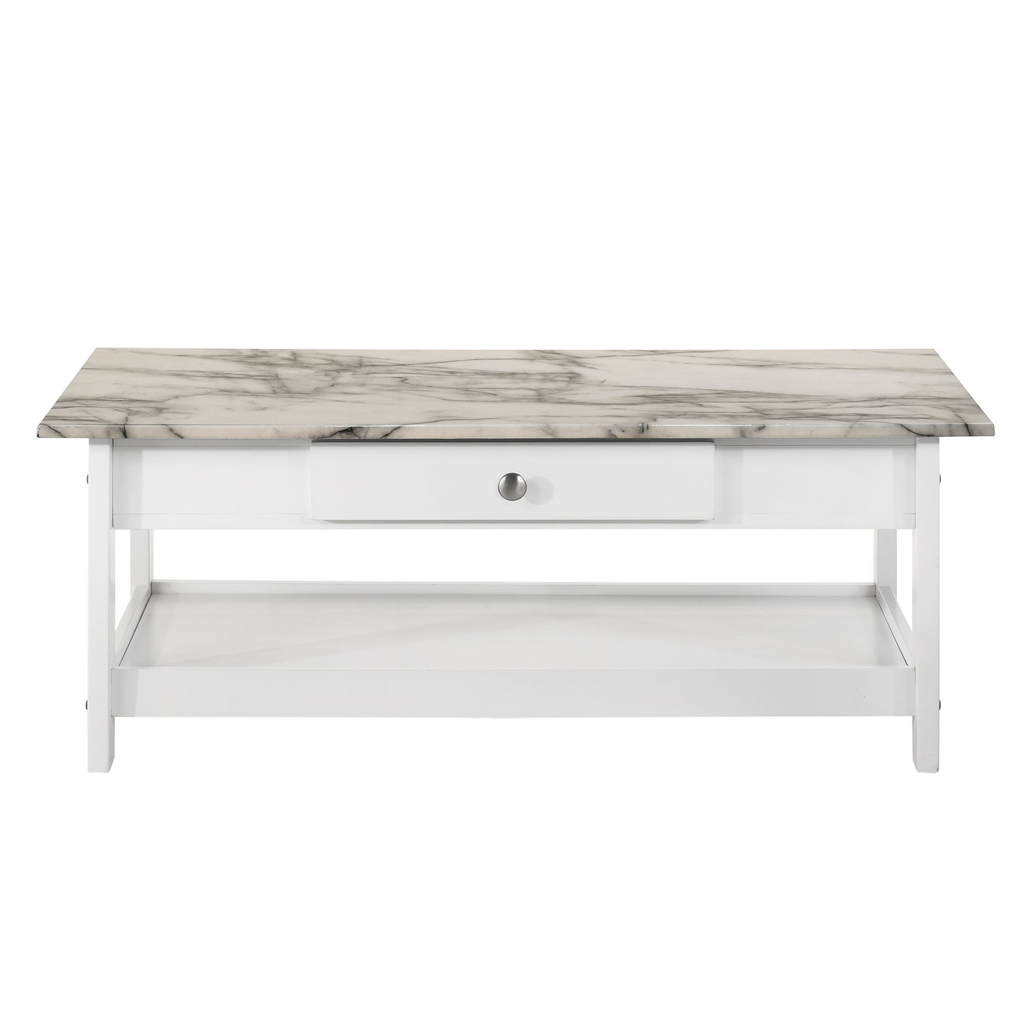 Front-facing coffee table only from a three-piece modern white and faux marble coffee table set with lower shelves on a white background