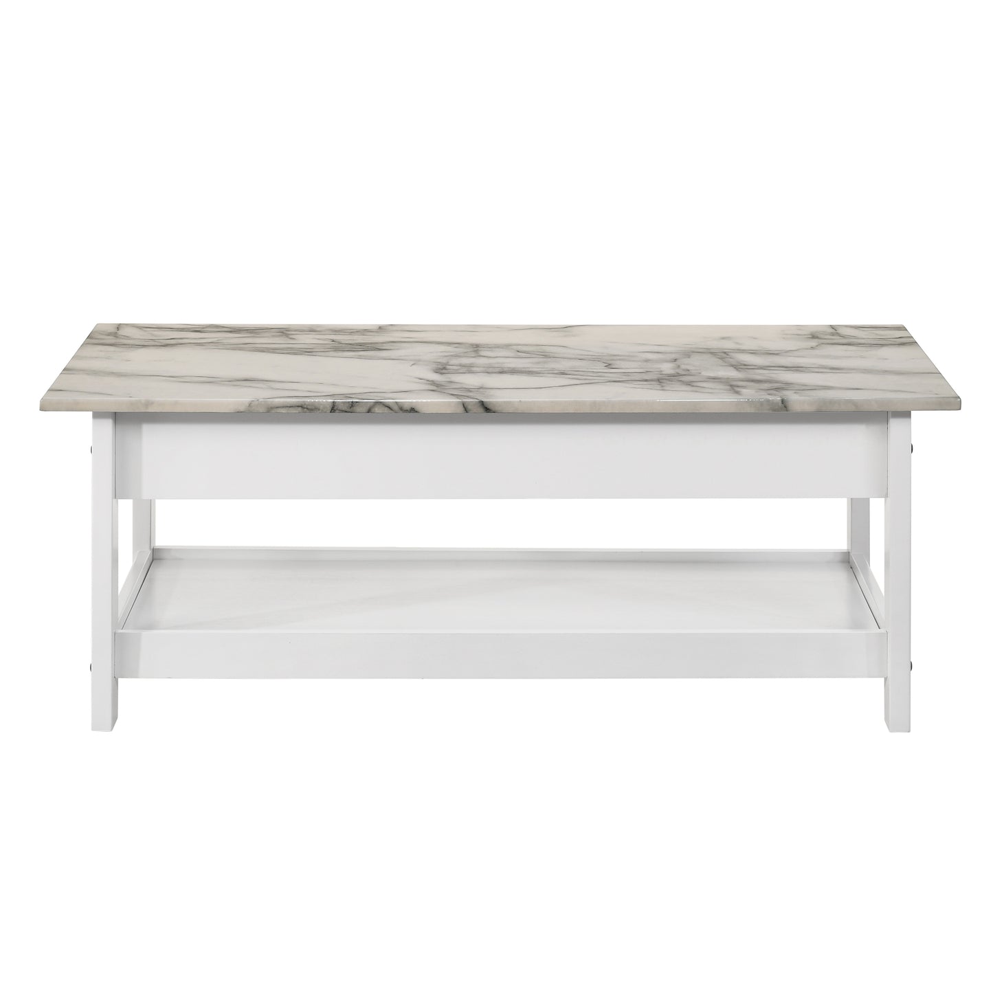 Front-facing coffee table only back view from a three-piece modern white and faux marble coffee table set with lower shelves on a white background