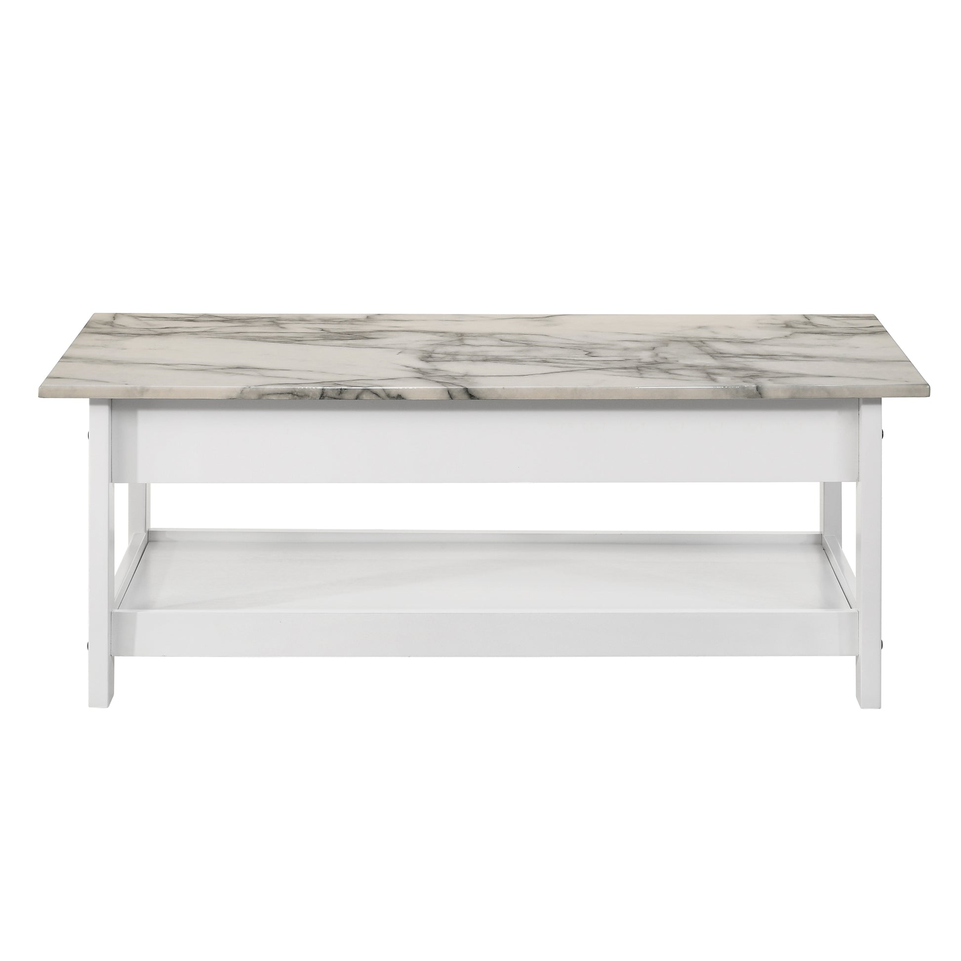Front-facing coffee table only back view from a three-piece modern white and faux marble coffee table set with lower shelves on a white background