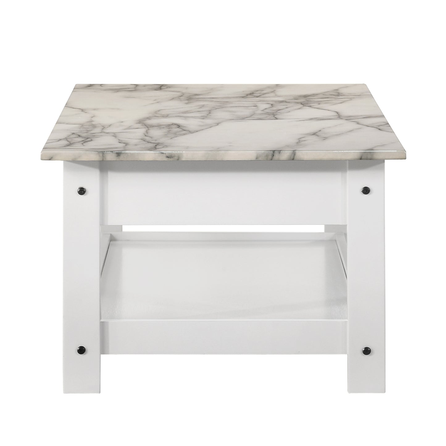 Front-facing coffee table only side view from a three-piece modern white and faux marble coffee table set with lower shelves on a white background