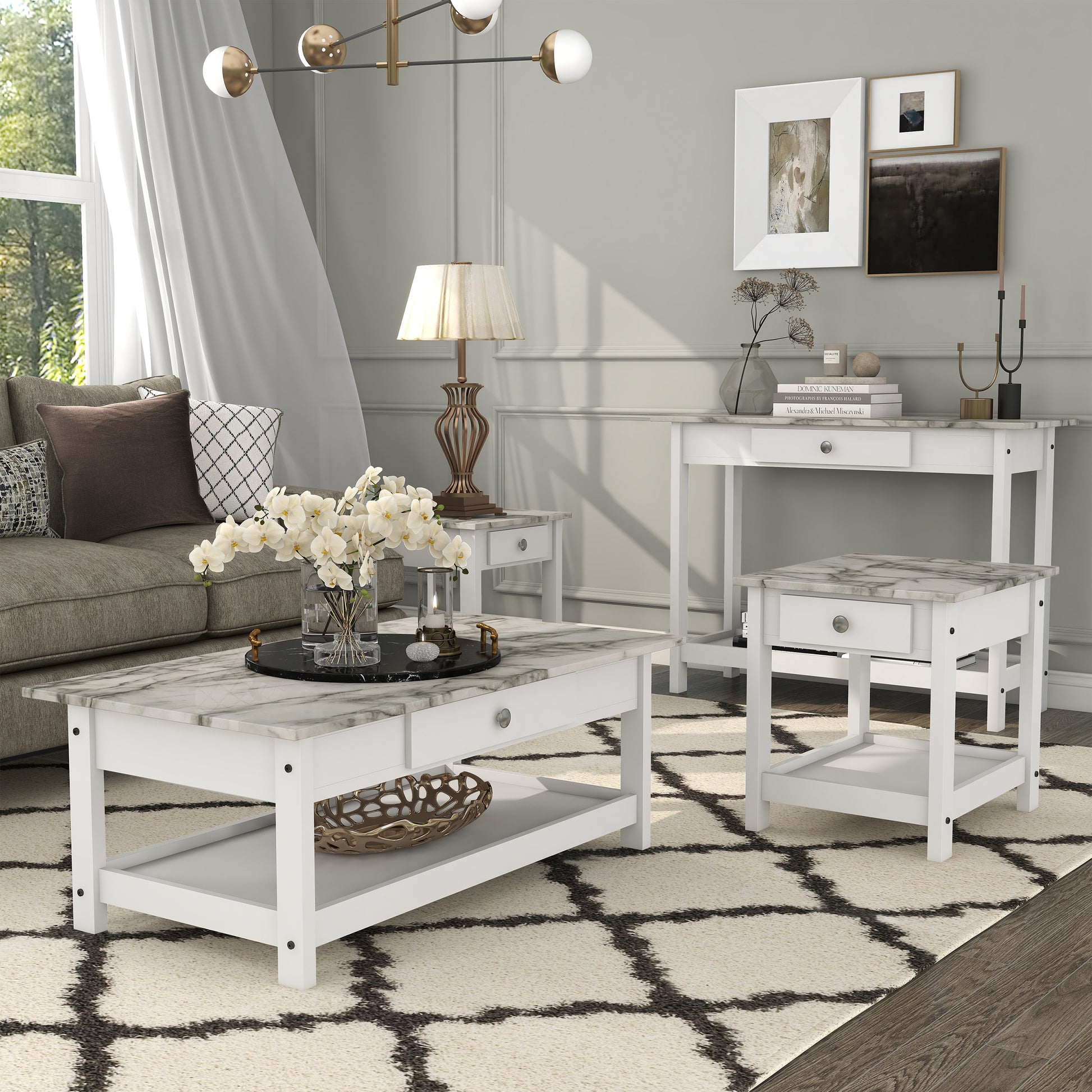 Right angled four-piece modern white and faux marble coffee table set with lower shelves in a living area with accessories