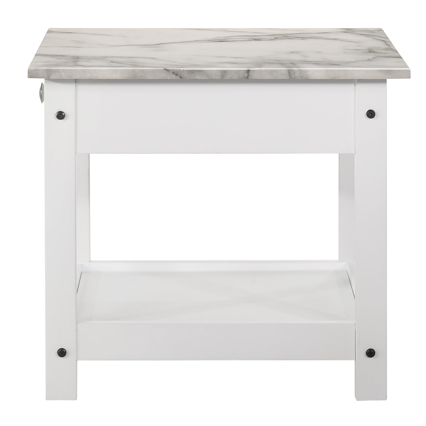 Front-facing side table only side view from a four-piece modern white and faux marble coffee table set with lower shelves on a white background