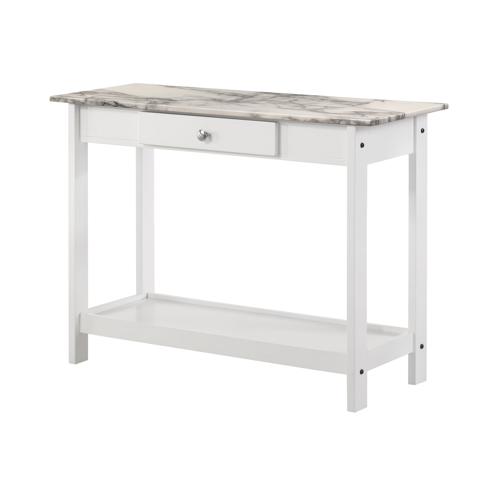 Left angled console table only from a four-piece modern white and faux marble coffee table set with lower shelves on a white background