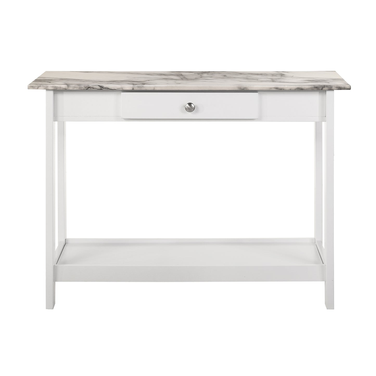 Front-facing console table only from a four-piece modern white and faux marble coffee table set with lower shelves on a white background