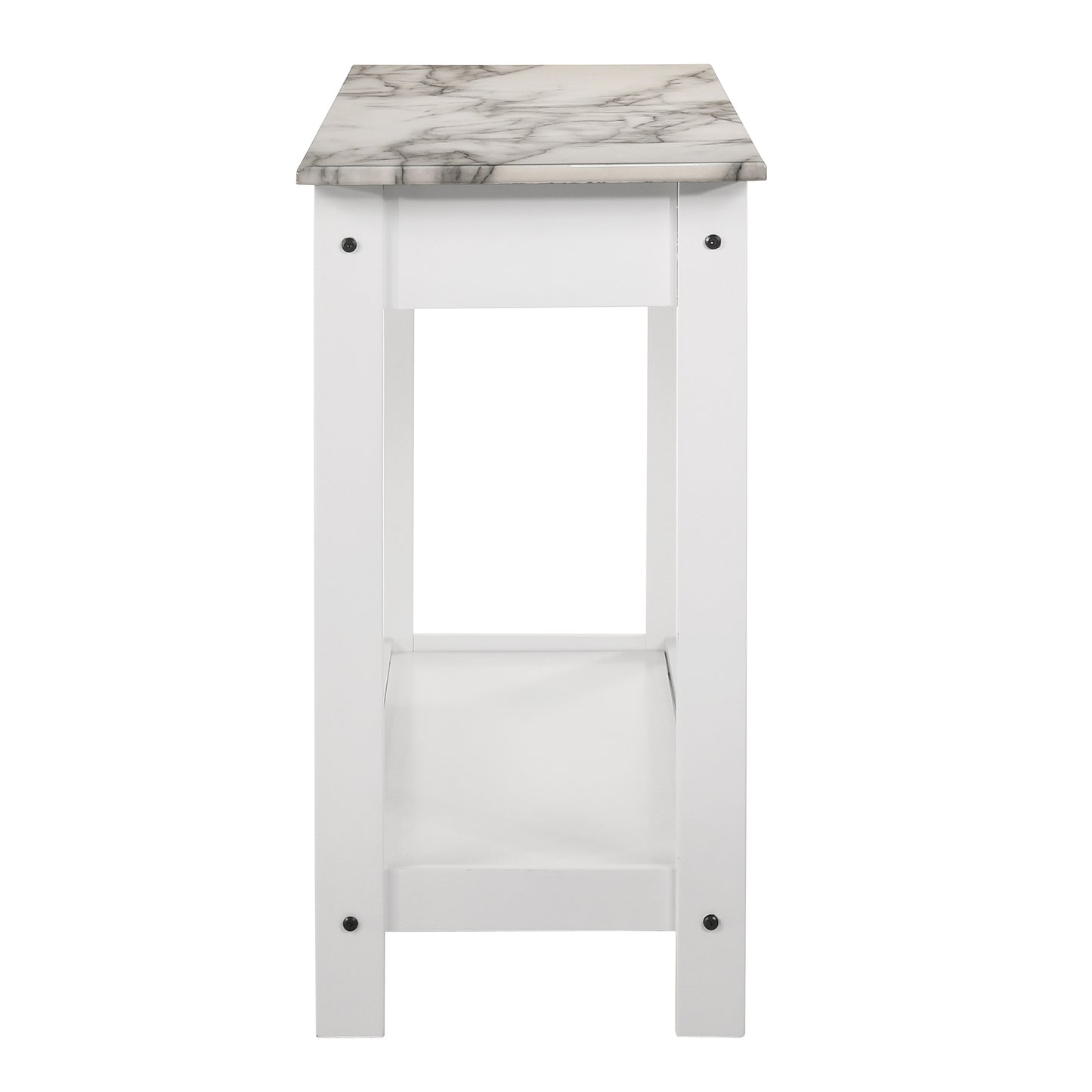 Front-facing console table only side view from a four-piece modern white and faux marble coffee table set with lower shelves on a white background