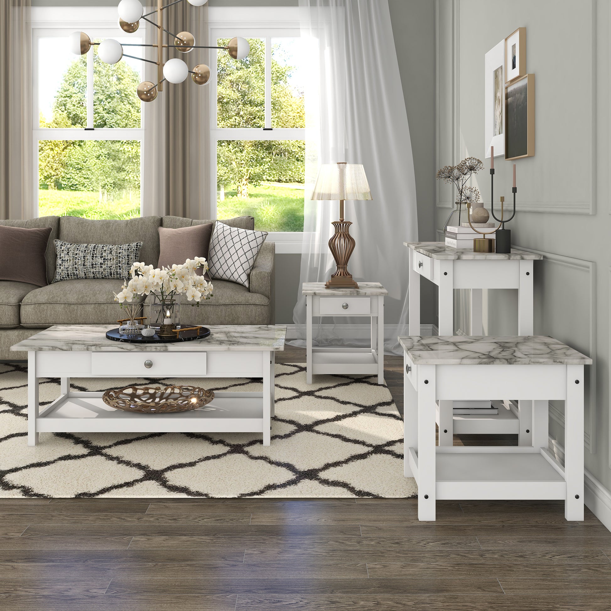 Front-facing four-piece modern white and faux marble coffee table set with lower shelves in a living area with accessories
