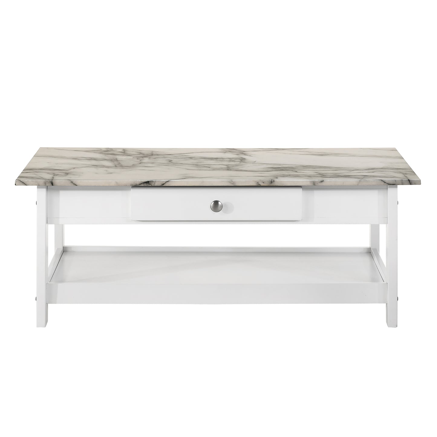 Front-facing coffee table only from a four-piece modern white and faux marble coffee table set with lower shelves on a white background