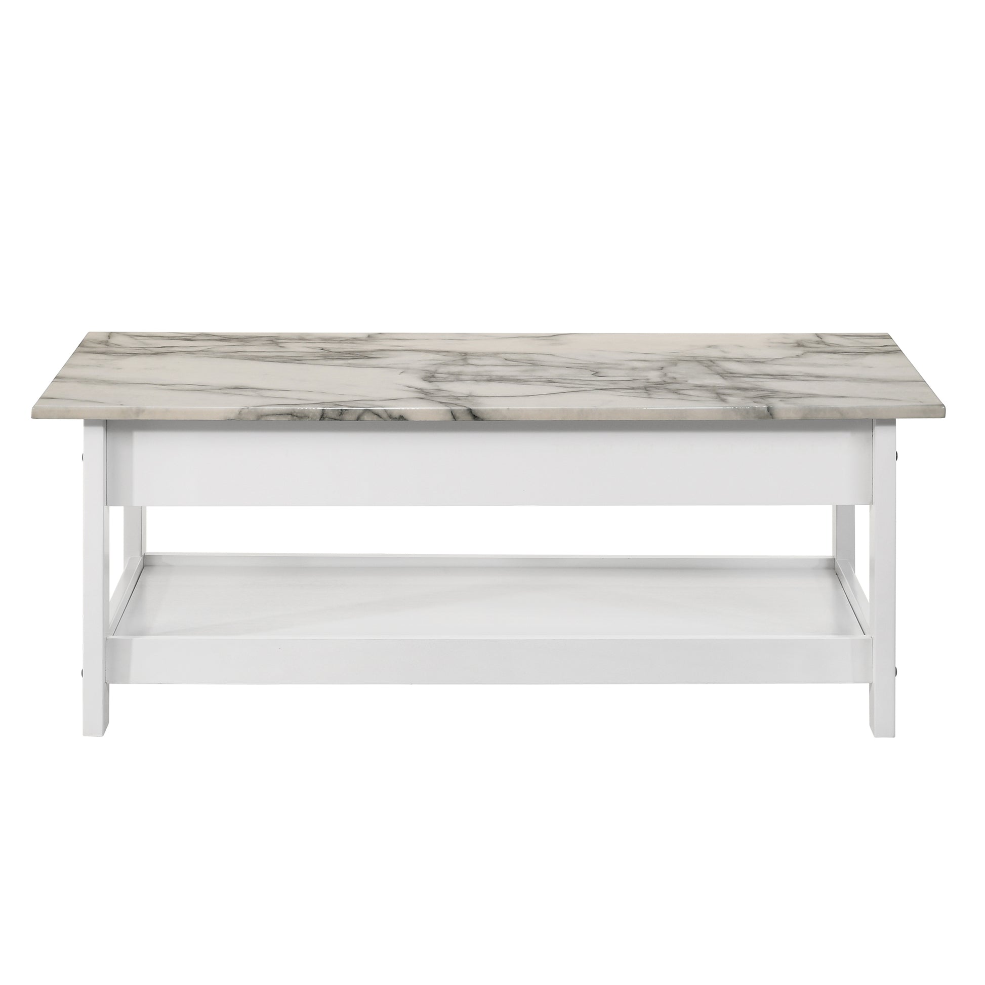 Front-facing coffee table only back view from a four-piece modern white and faux marble coffee table set with lower shelves on a white background