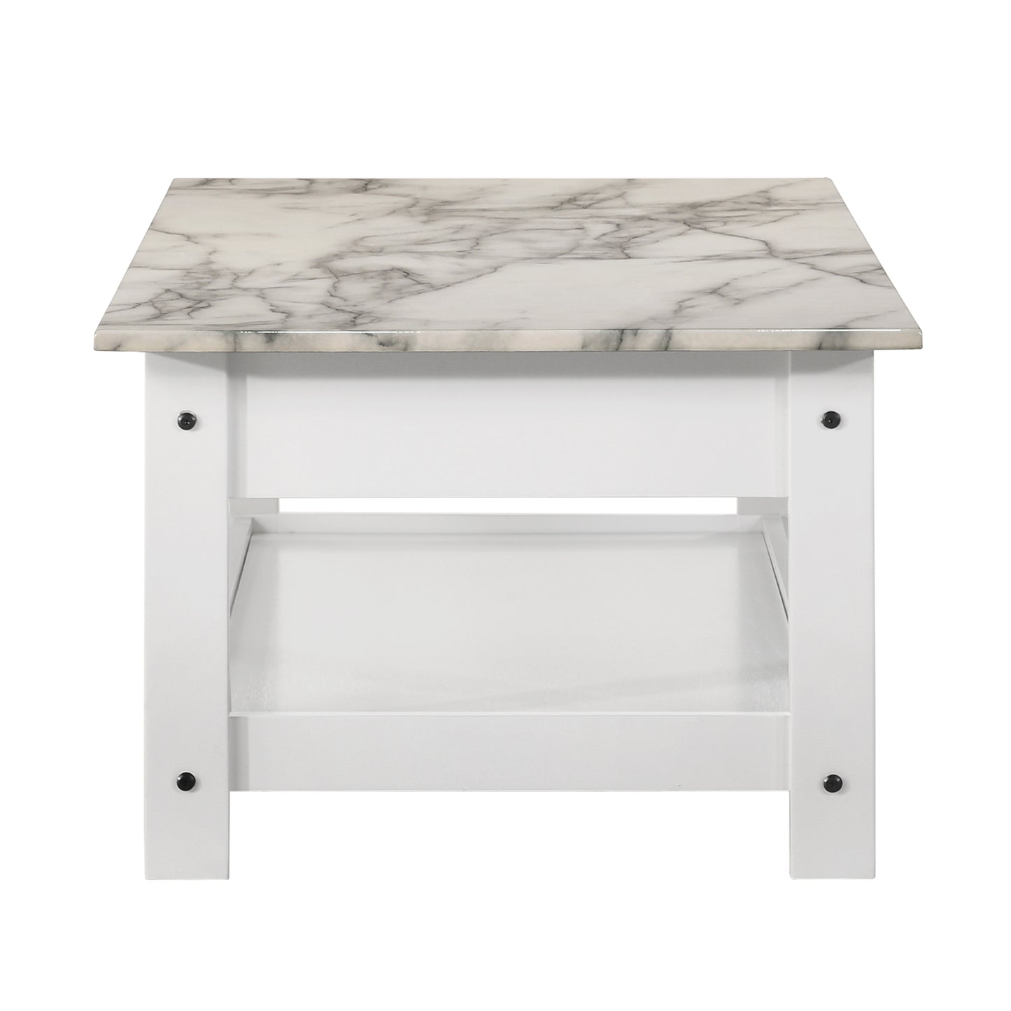 Front-facing coffee table only side view from a four-piece modern white and faux marble coffee table set with lower shelves on a white background