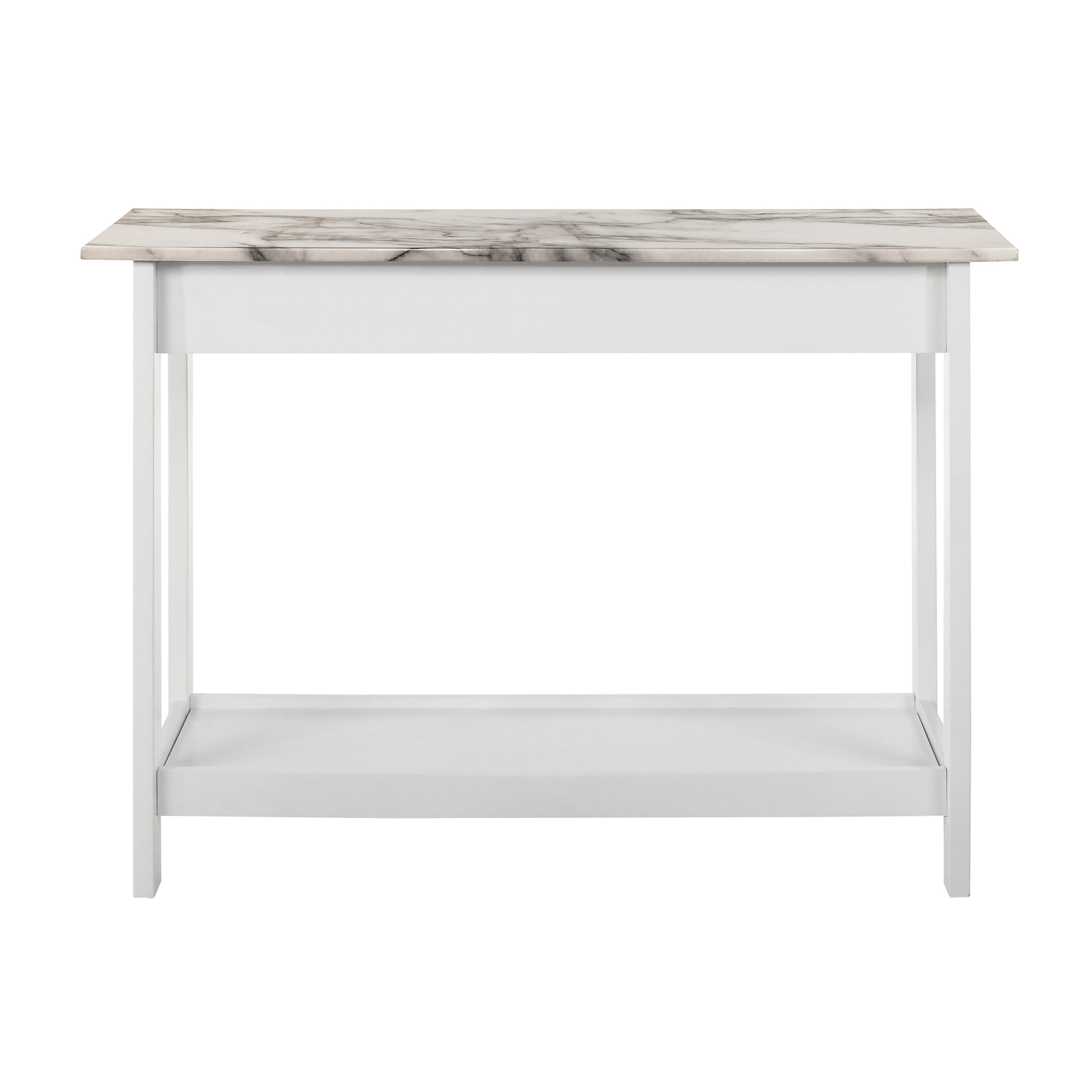 Front-facing back view of a modern white and faux marble console table with a lower shelf on a white background